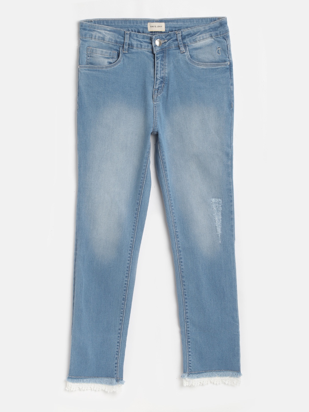 

Gini and Jony Girls Blue Low Distress Light Fade Stretchable Jeans with Lace Detail