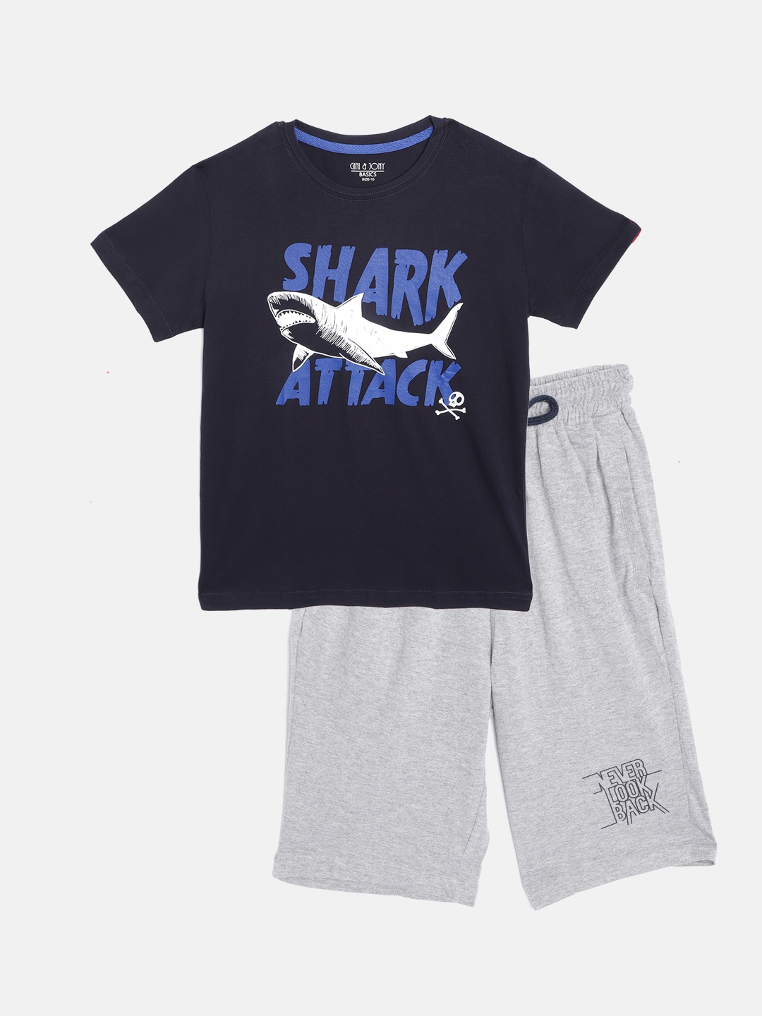 

Gini and Jony Boys Navy Blue & Grey Melange Pure Cotton Printed T-shirt & Solid Shorts