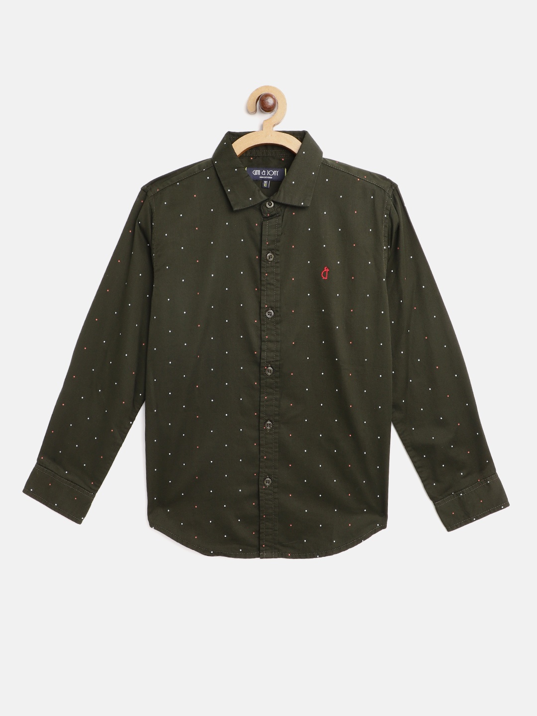 

Gini and Jony Boys Olive Green & White Polka Dots Print Cotton Casual Shirt