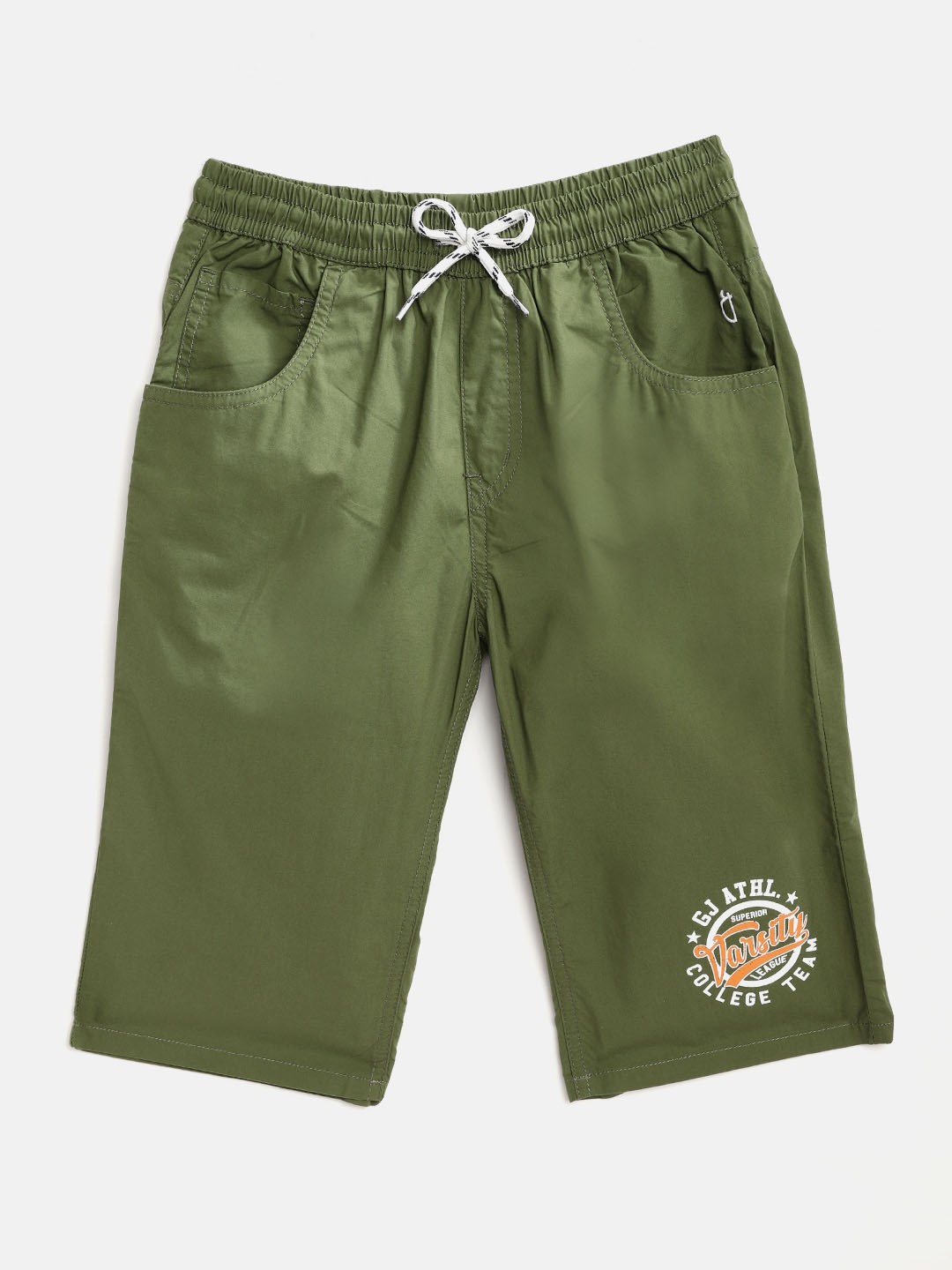 

Gini and Jony Boys Olive Green Solid 3/4th Cotton Shorts with Printed Detail