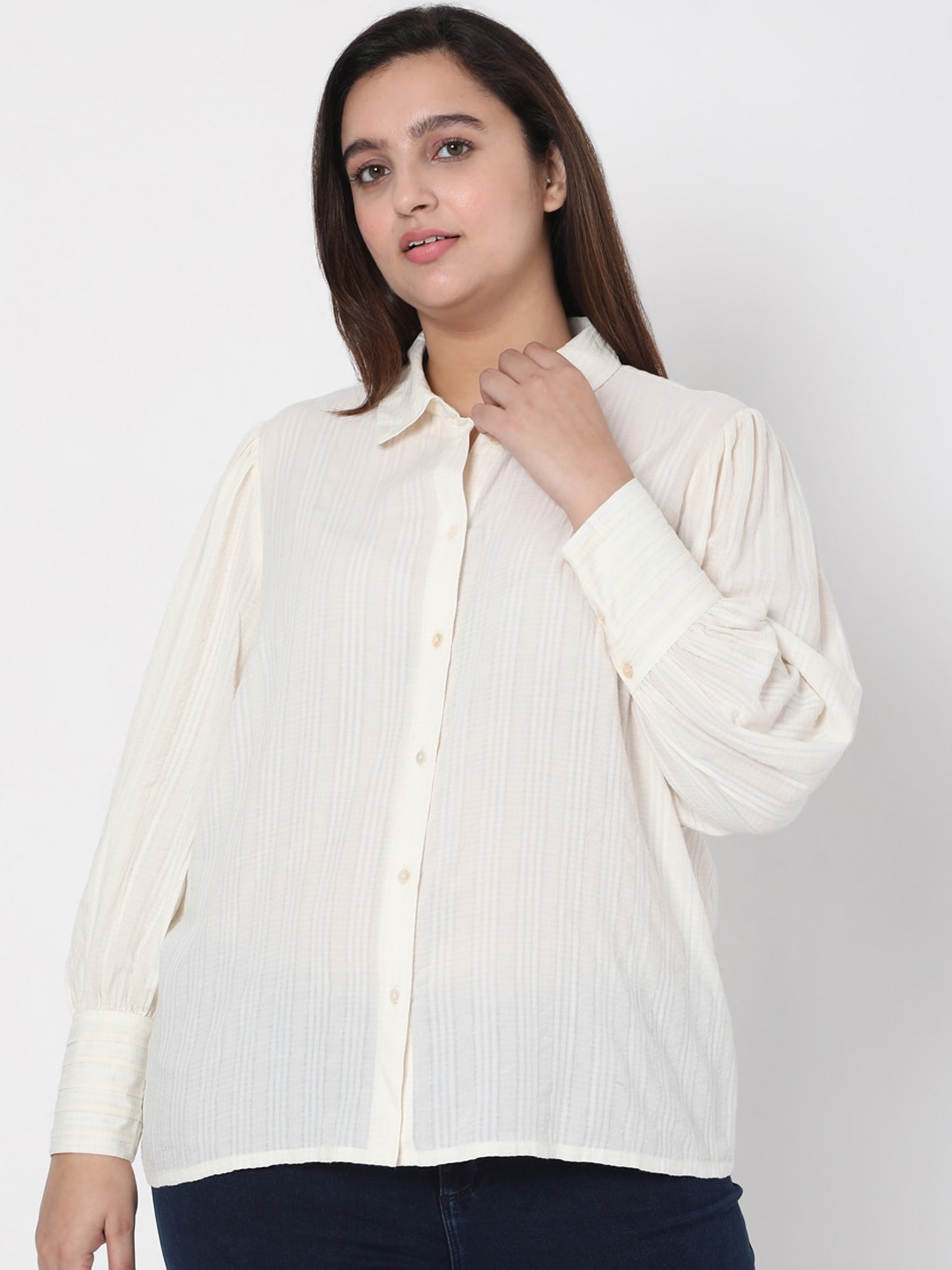 

VERO MODA CURVE Women Off White Opaque Striped Casual Shirt