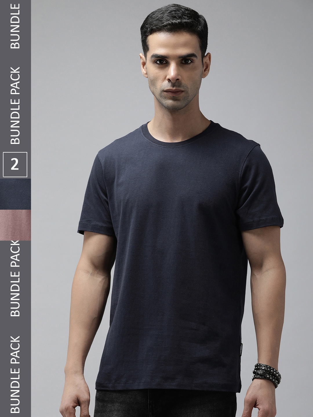 

Roadster Pack Of 2 Solid Round Neck Knitted Pure Cotton T-shirts, Navy blue