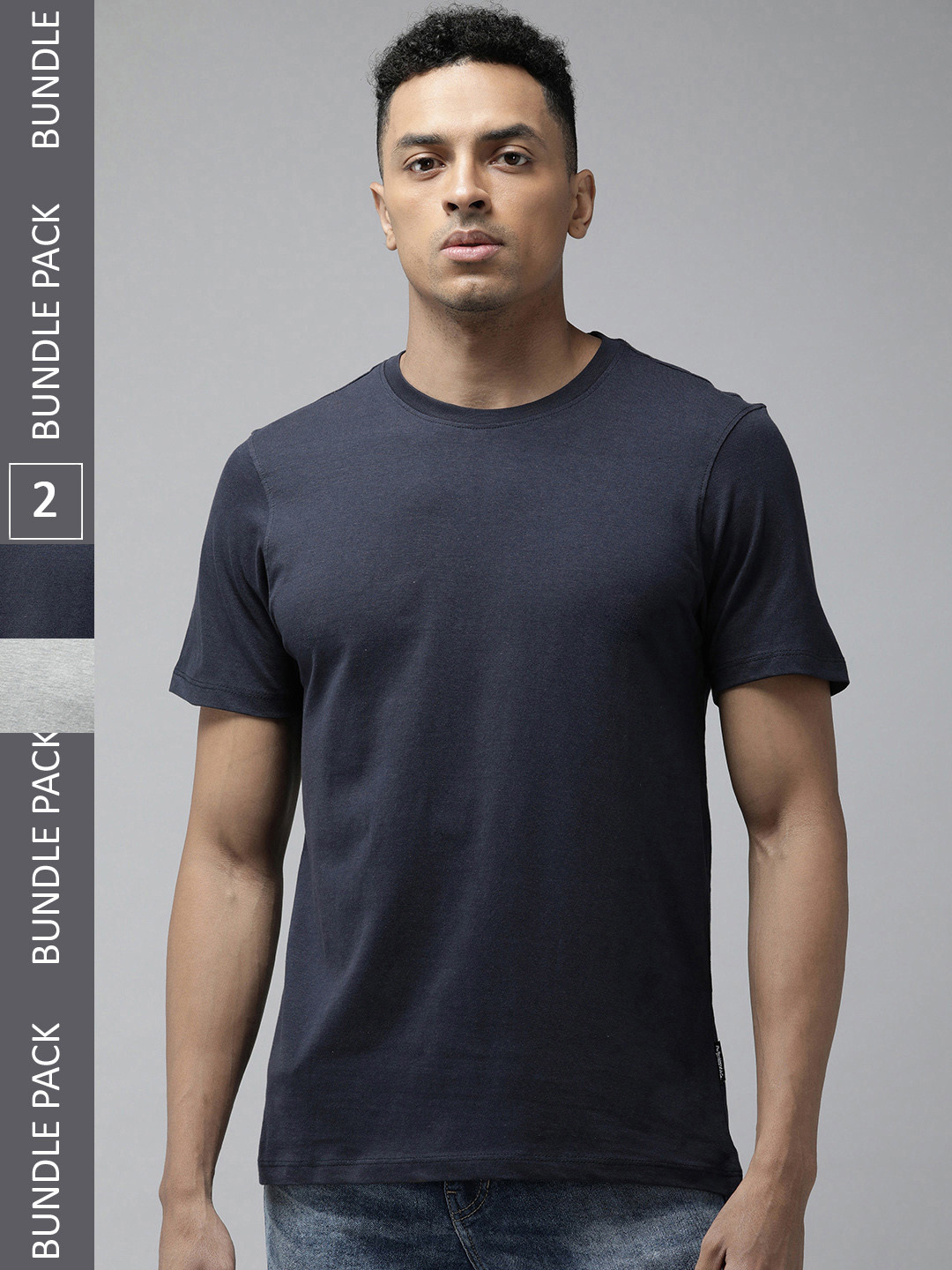 

Roadster Pack Of 2 Solid Round Neck Knitted T-shirts, Navy blue