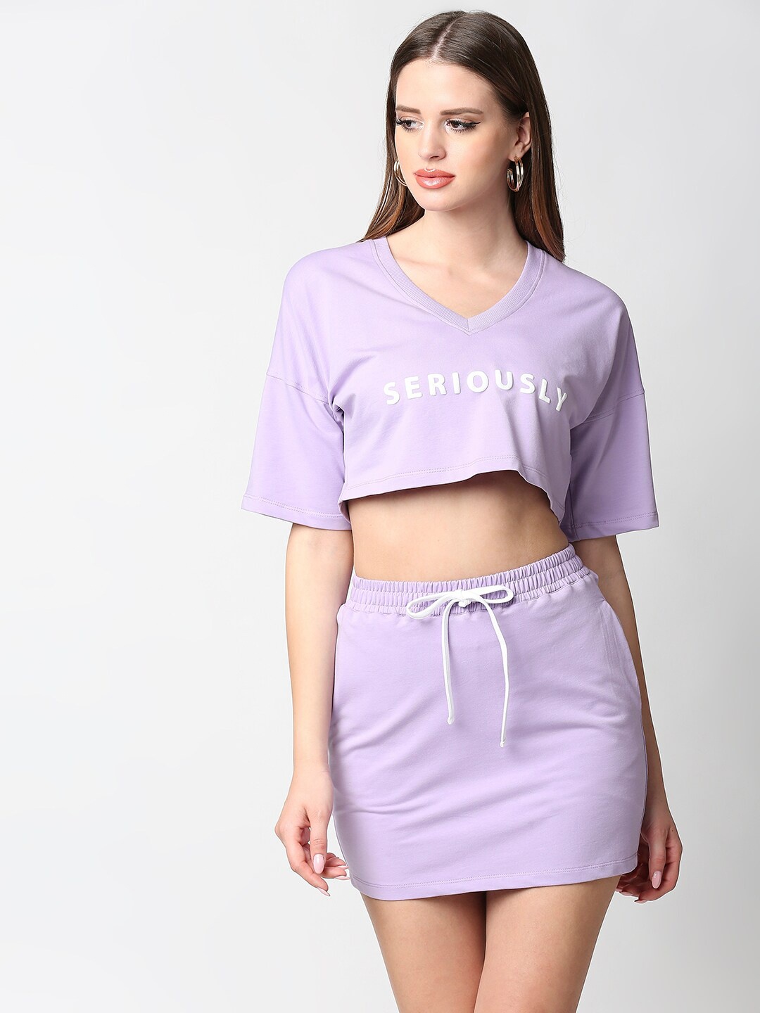 

ANWAIND Women Lavender & White Printed Pure Cotton T-shirt with Skirt