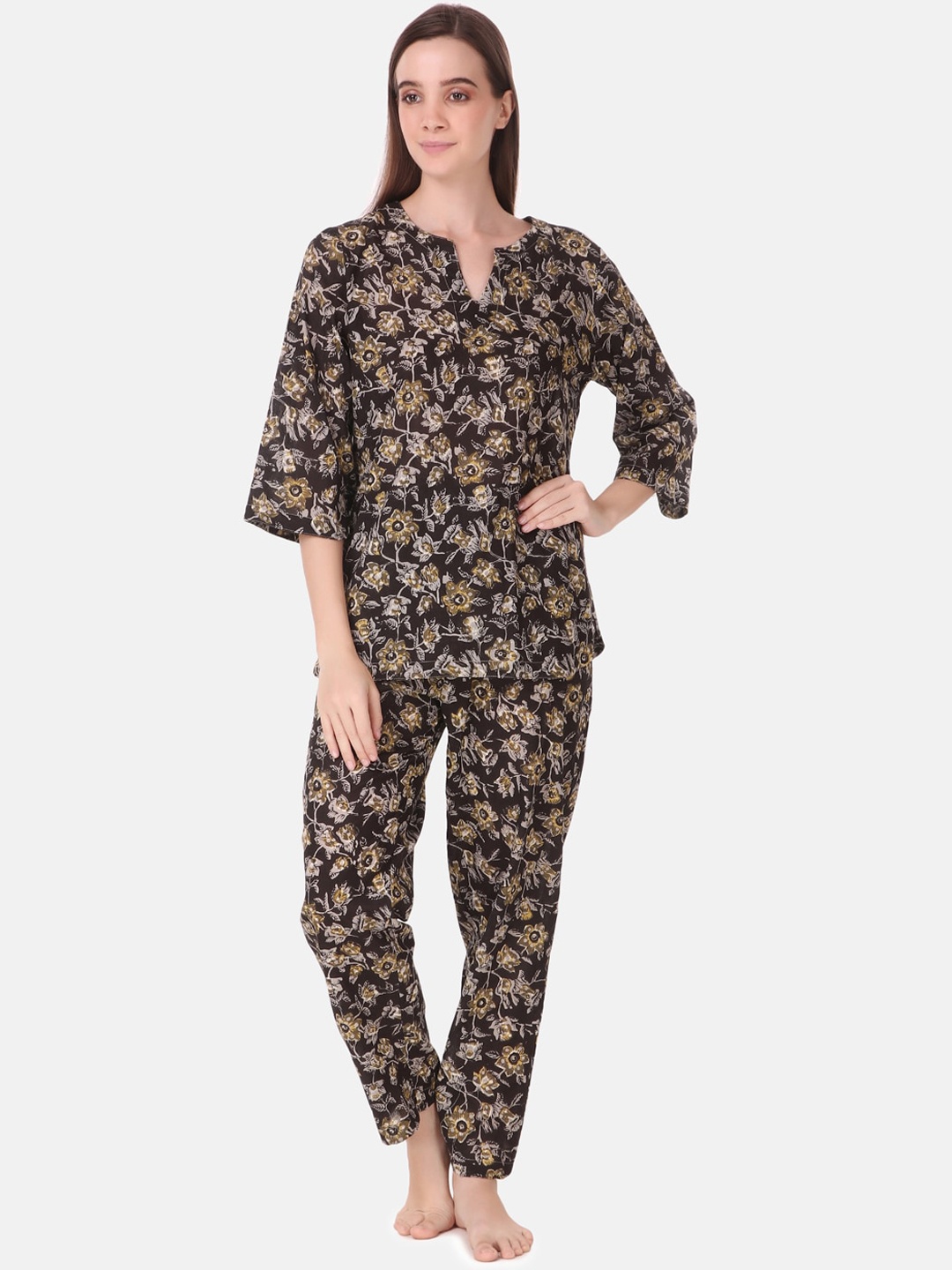 

Masha Women Brown & Olive Green Pure Cotton Printed Night suit