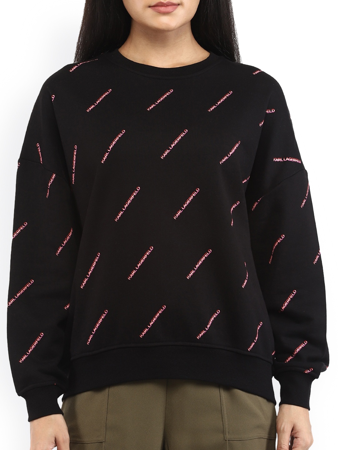 

Karl Lagerfeld Women Black & Pink Printed Cotton Pullover Sweatshirt