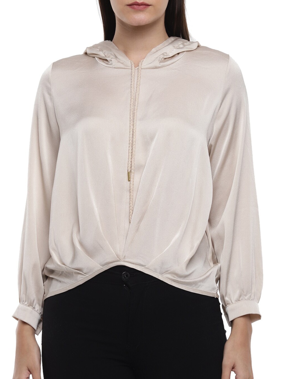 

Rinascimento Cream-Coloured Shirt Style Solid Hooded Top