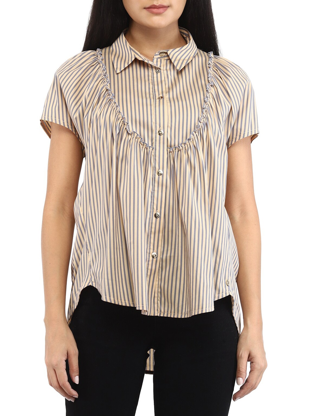 

Rinascimento Beige & Grey Striped Extended Sleeves Shirt Style Top