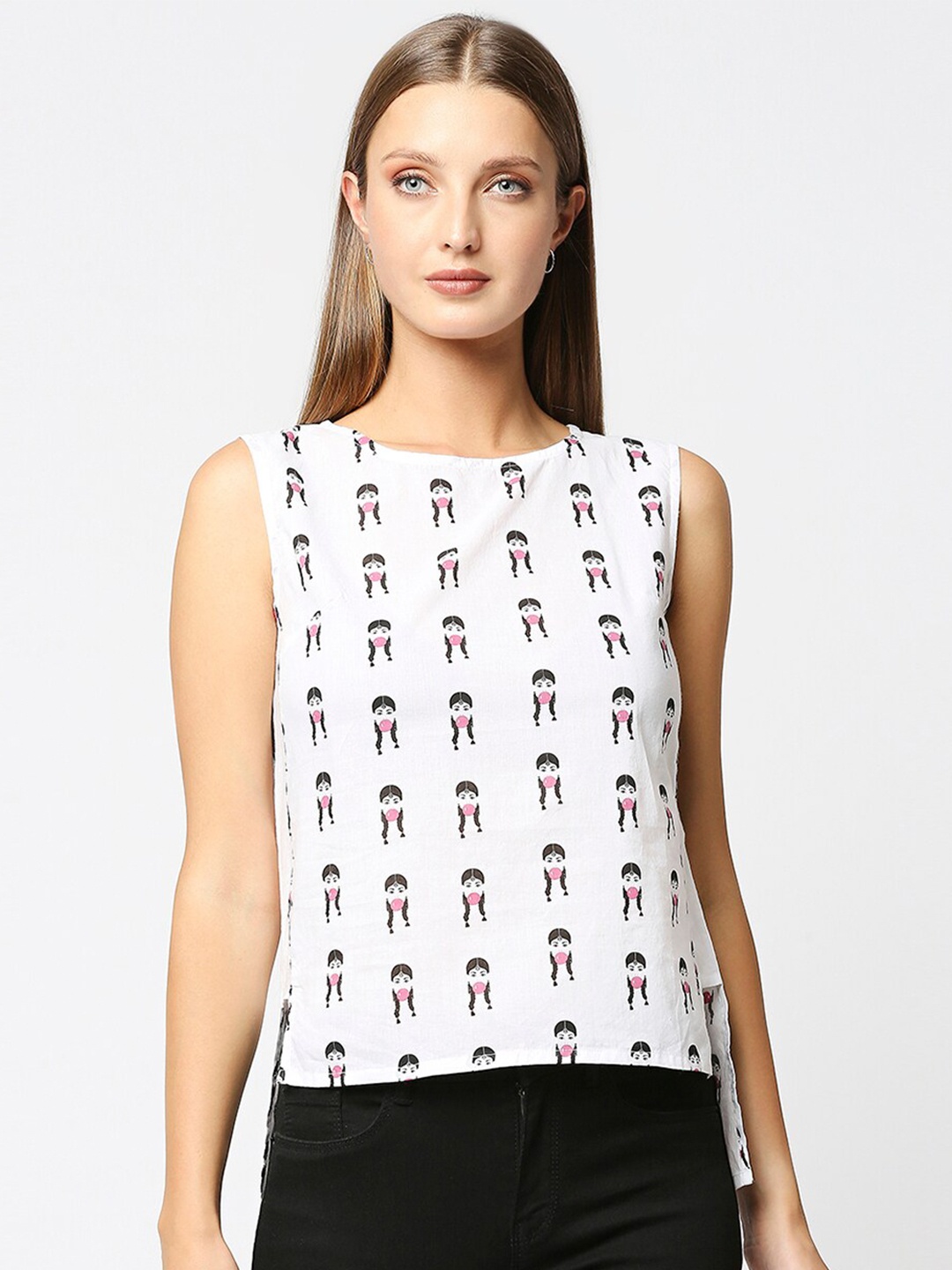 

Bewakoof White Floral Printed Sleeveless Top