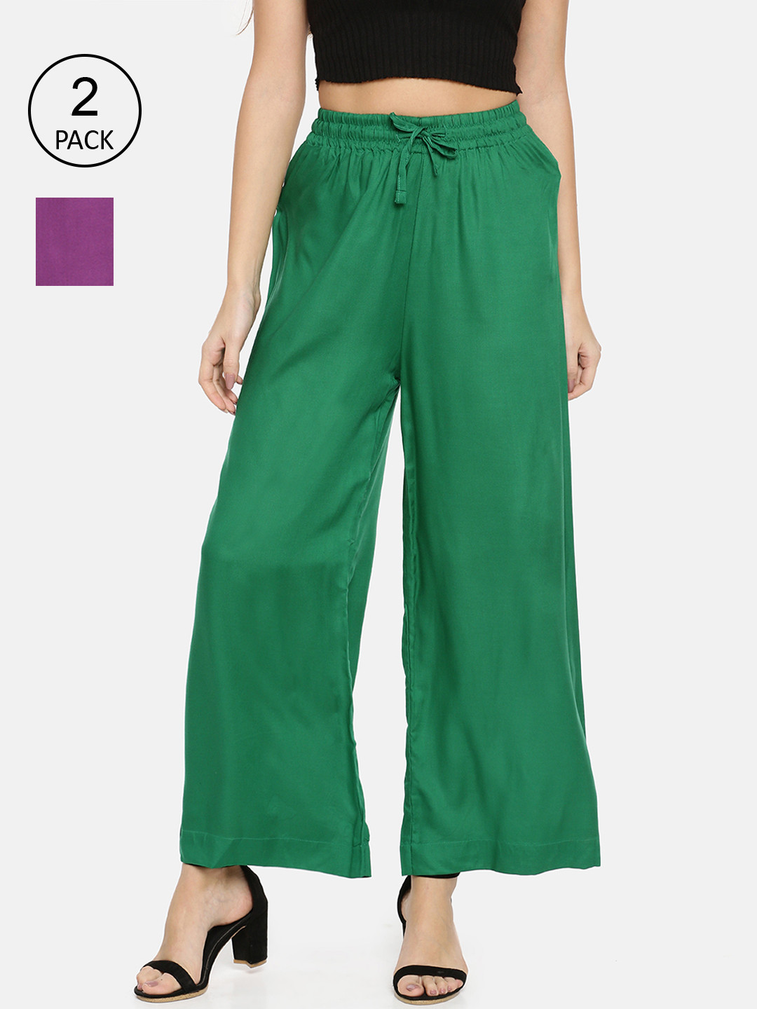 

TWIN BIRDS Women Pack of 2 Wide leg Palazzos, Green