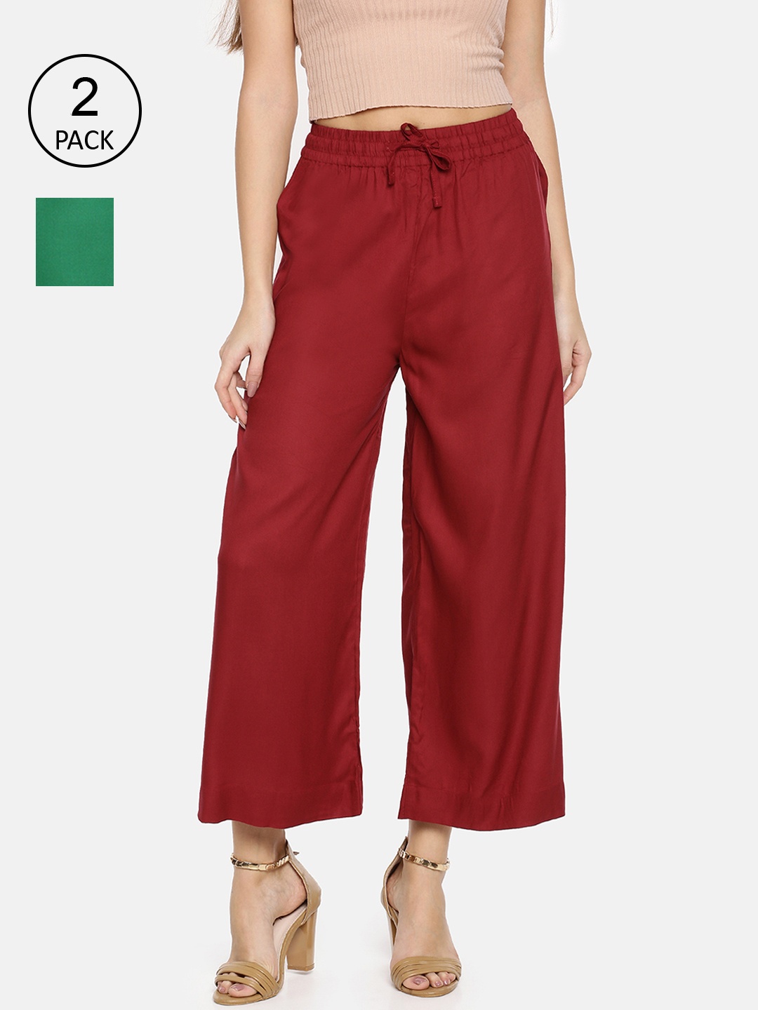 

TWIN BIRDS Women Pack of 2 Wide leg Palazzos, Green