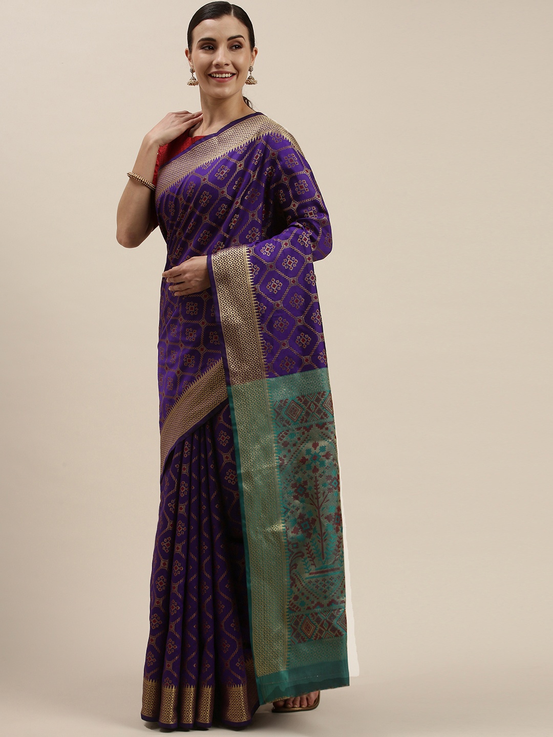 

Mitera Violet & Green Woven Design Zari Silk Blend Saree