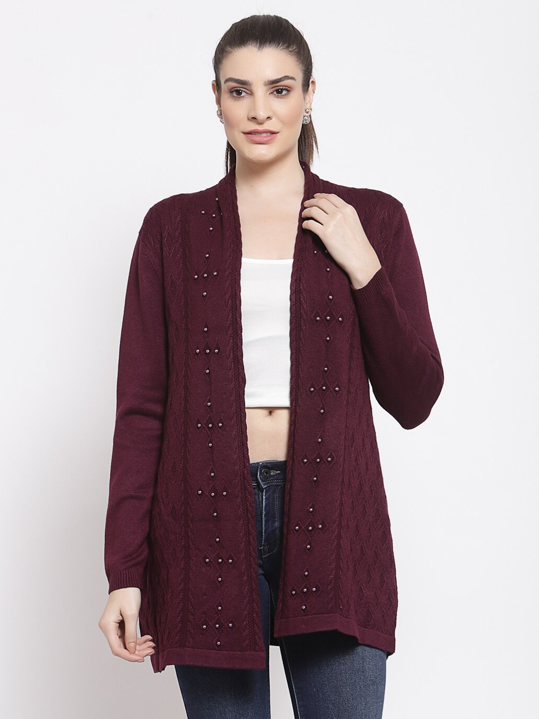 

Mafadeny Women Purple Embellished Longline Shrug