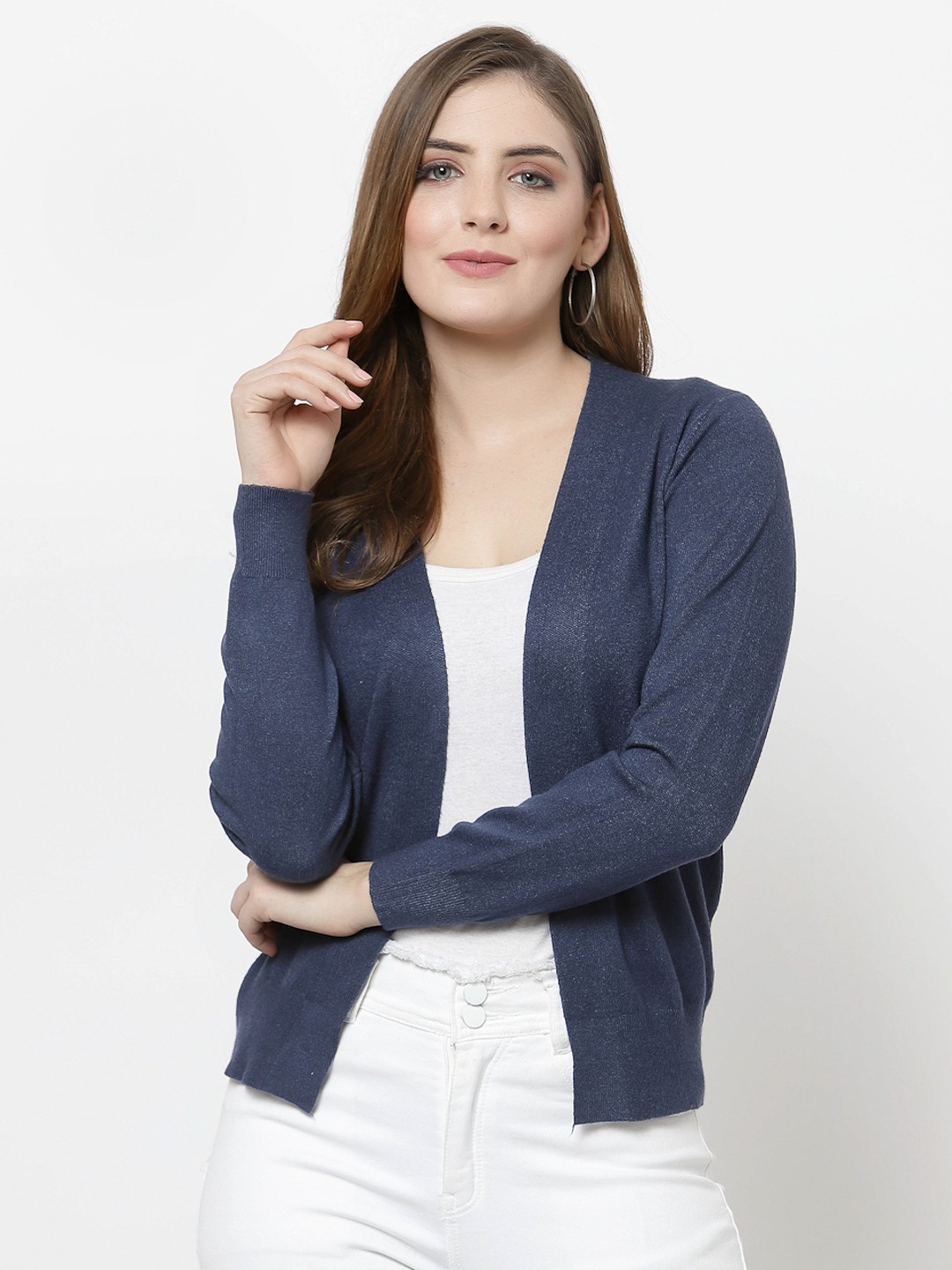 

Mafadeny Women Navy Blue Open Front Shrug