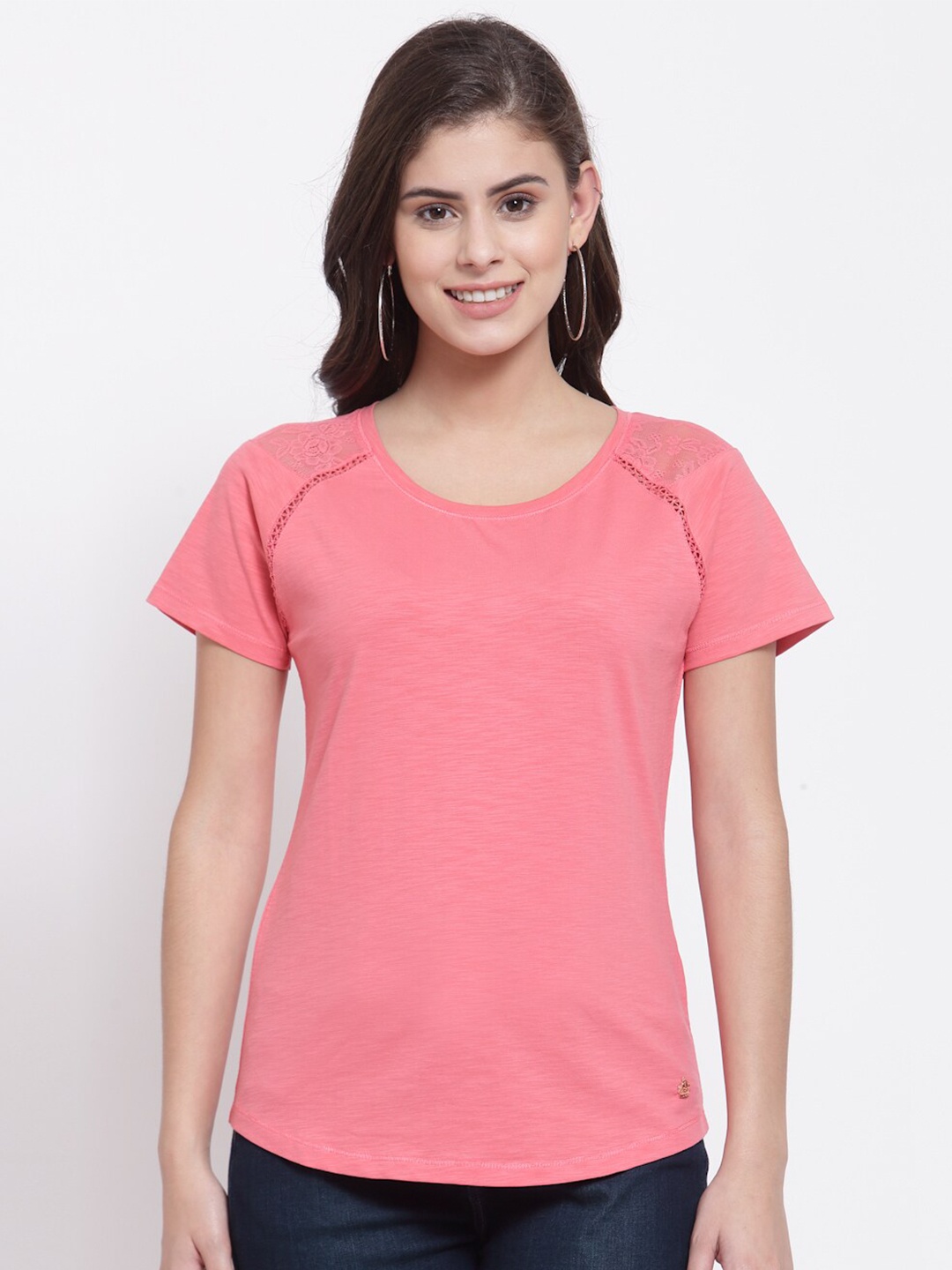 

Juelle Women Coral Pink Solid Cotton T-shirt