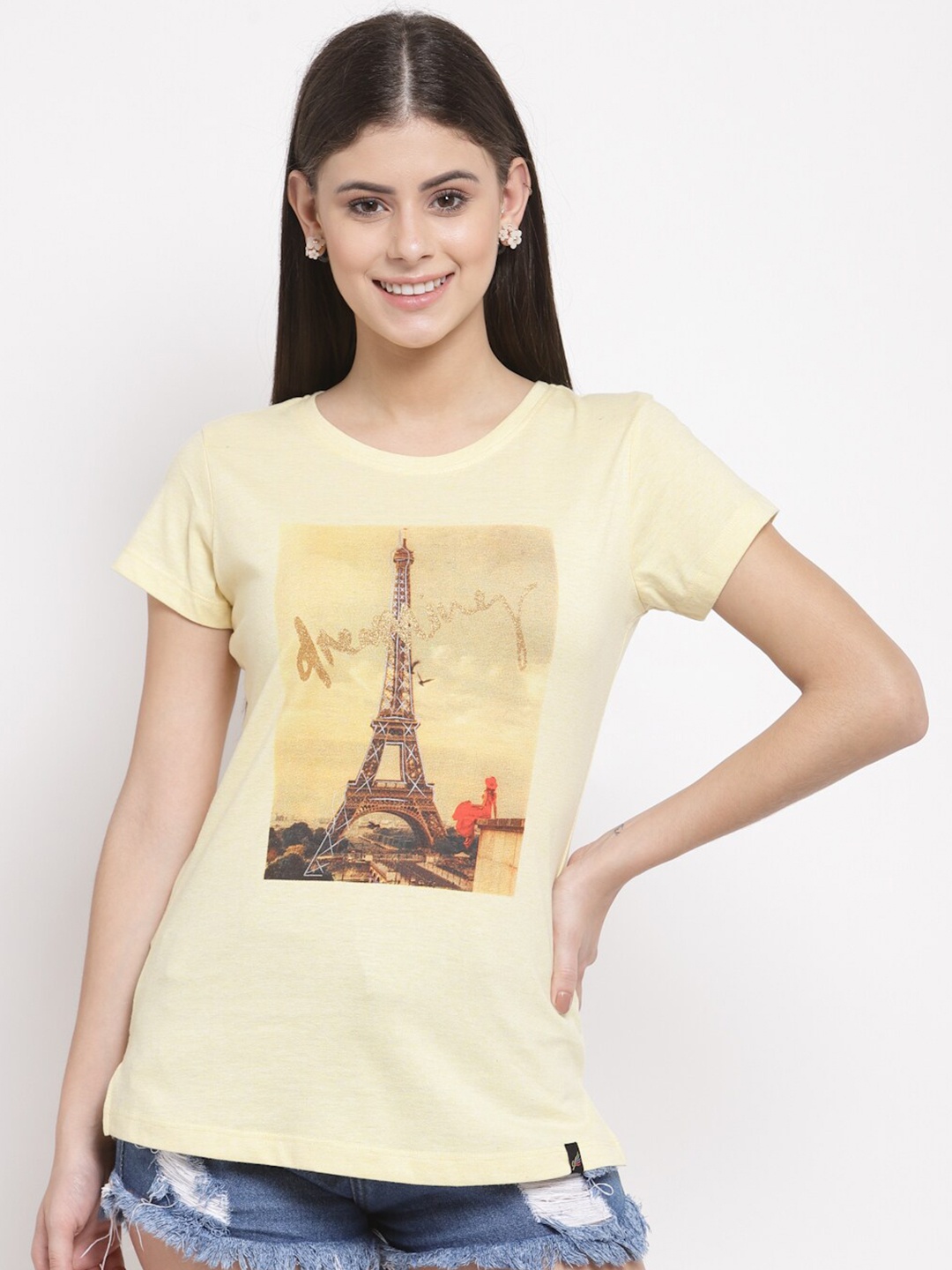 

Juelle Women Yellow Printed Raw Edge T-shirt