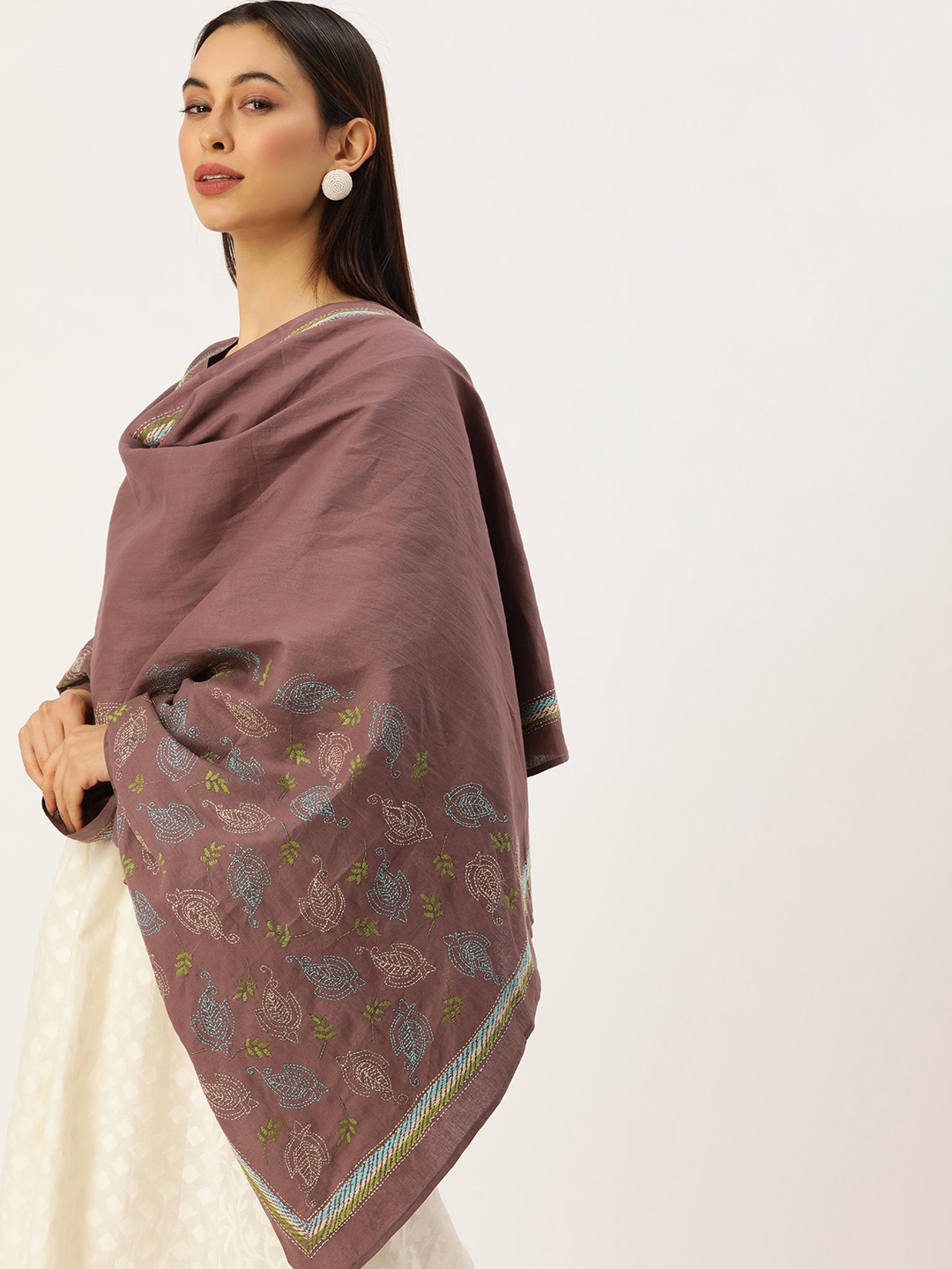 

ArtEastri Brown Embroidered Pure Cotton Dupatta with Kantha Work