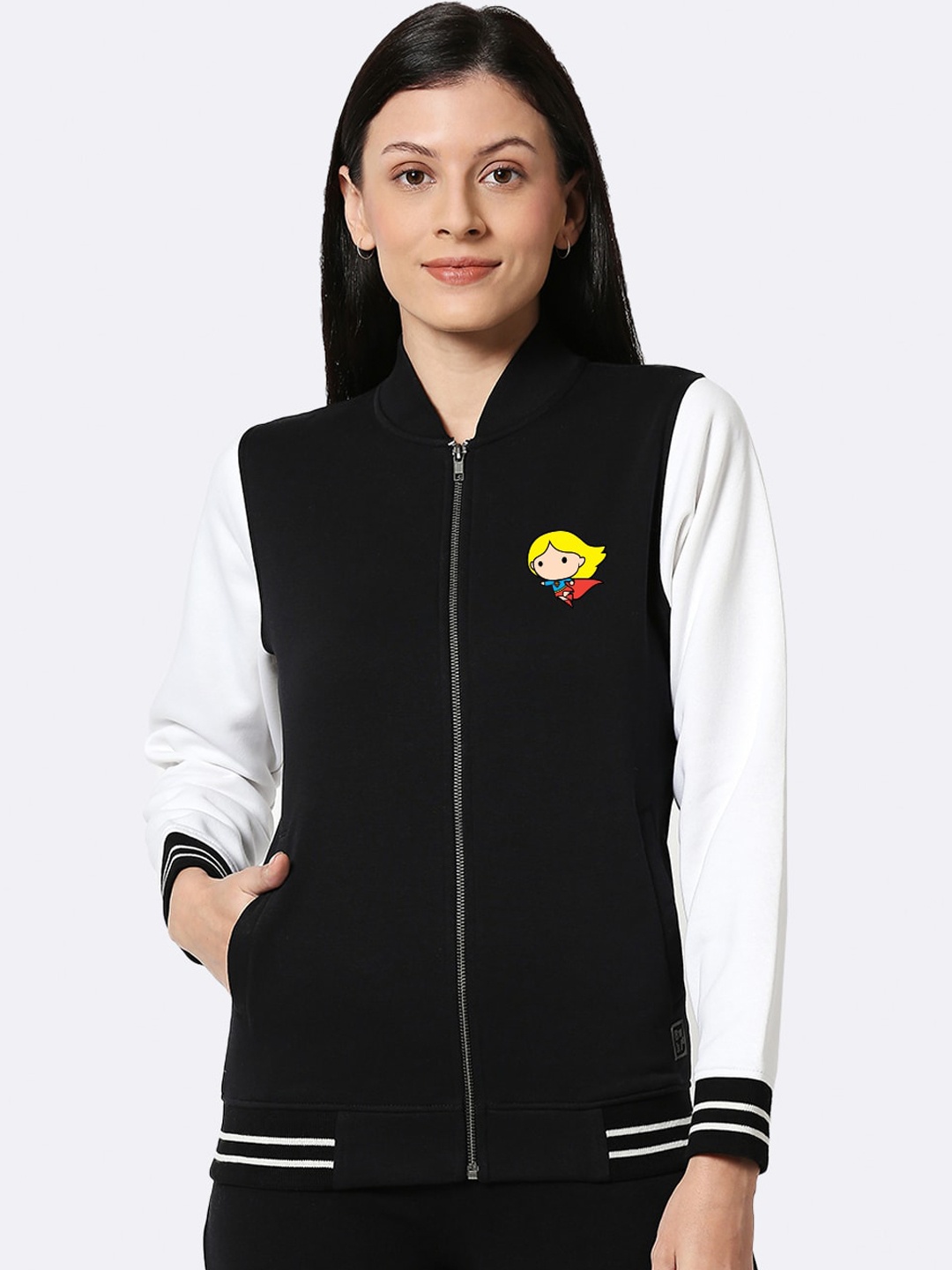 

Bewakoof Women Black Super Girl Varsity Jacket