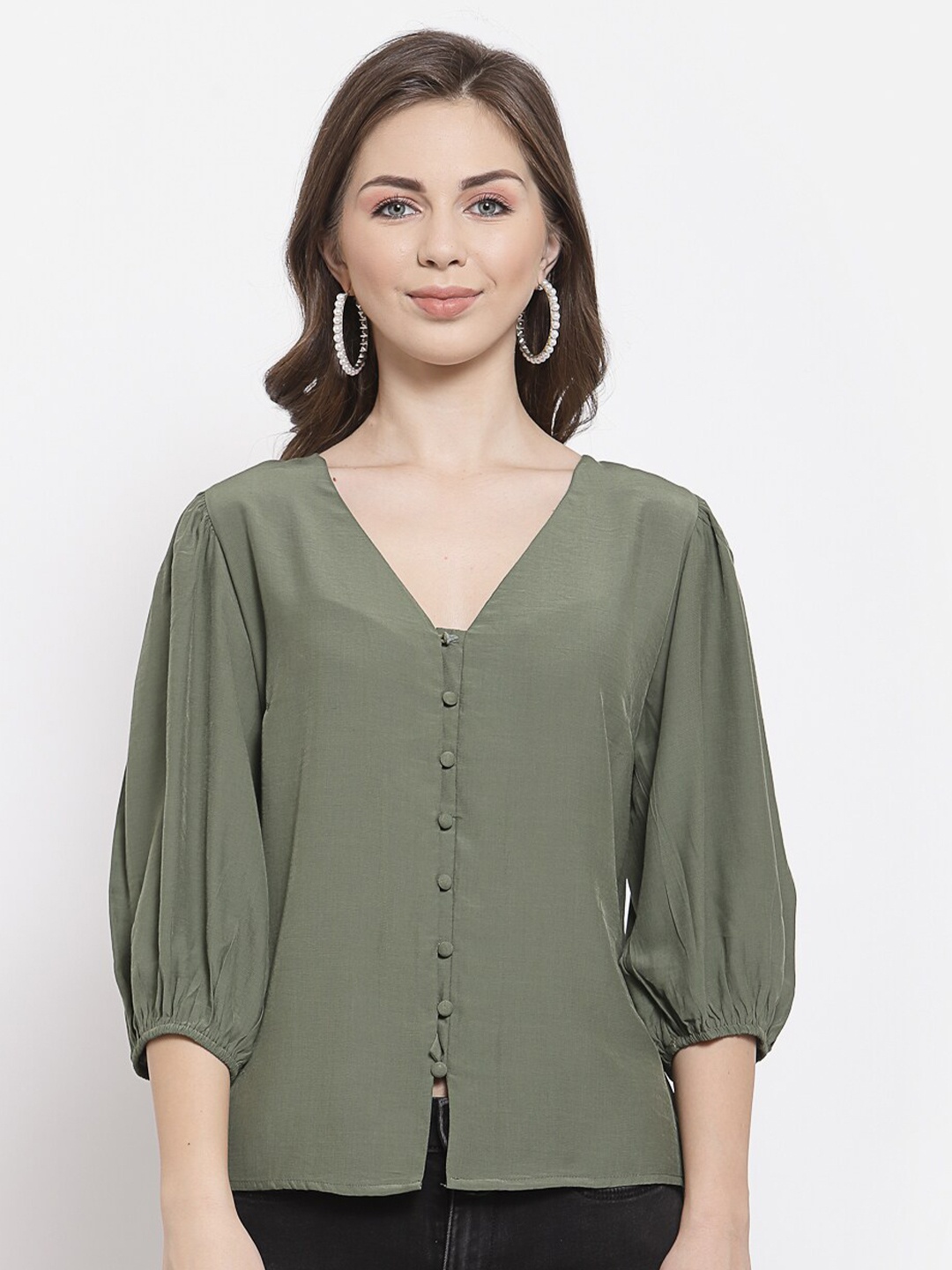 

Mafadeny Green Solid Regular Top