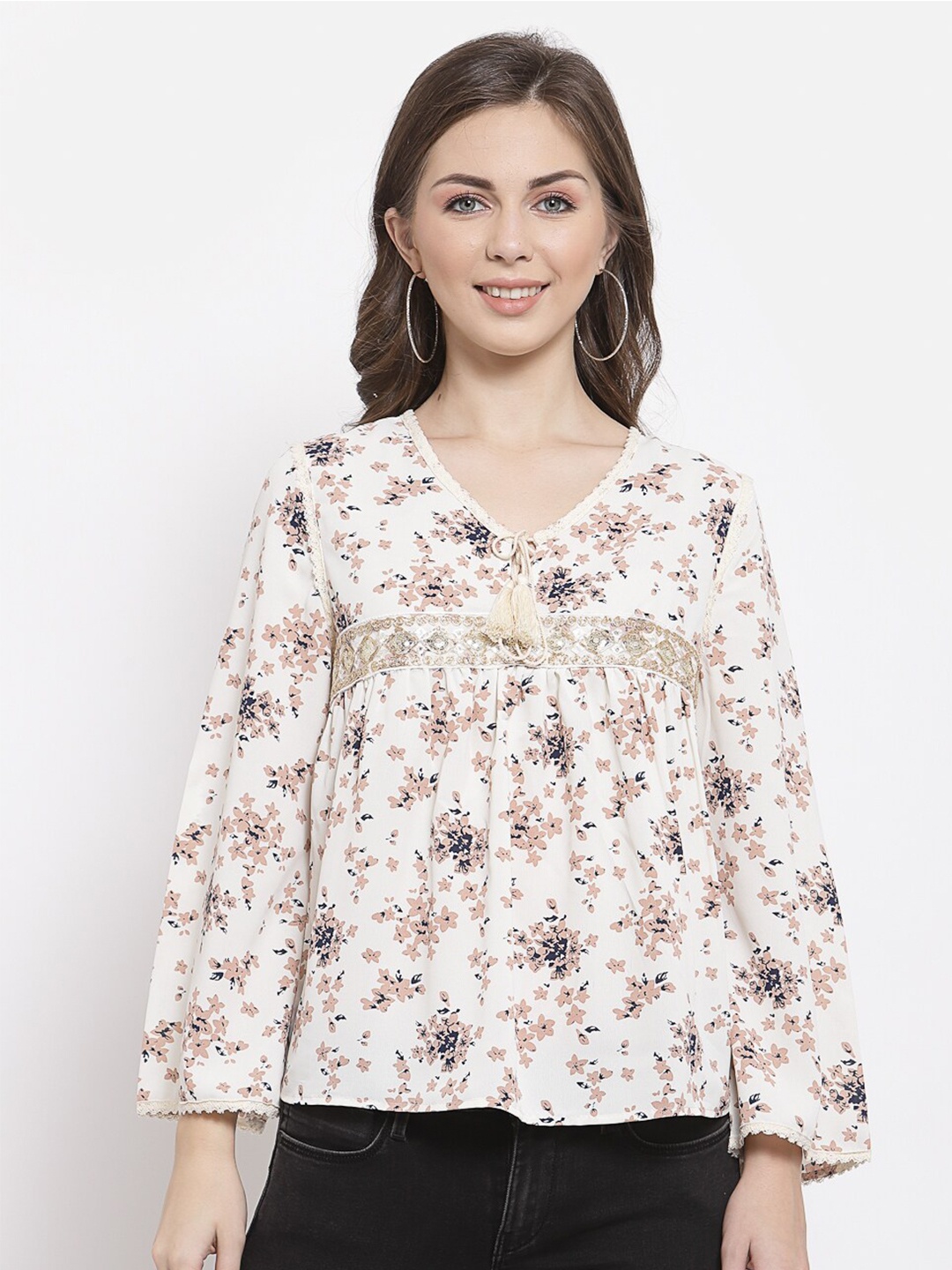 

Mafadeny Woman Cream-Coloured Floral A-Line Top