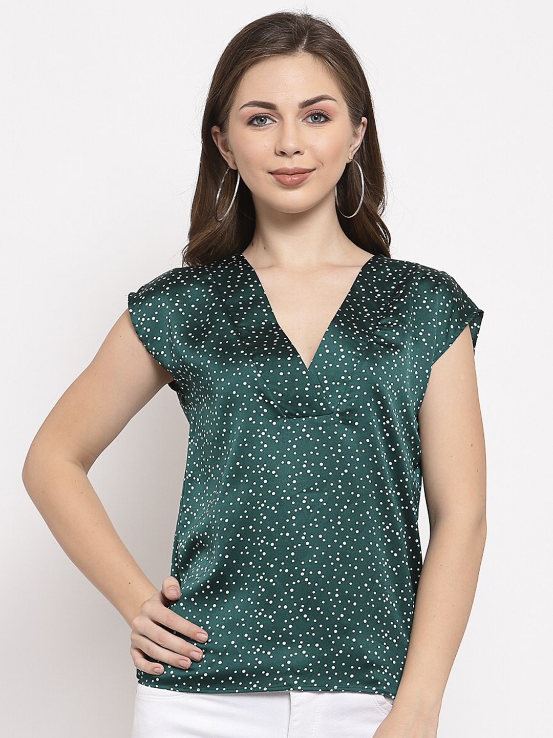 

Mafadeny Women Green Satin Regular Top