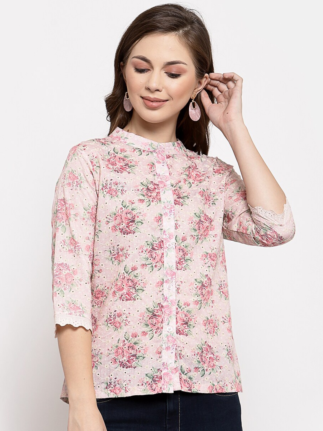 

Mafadeny Pink Floral Mandarin Collar Shirt Style Top