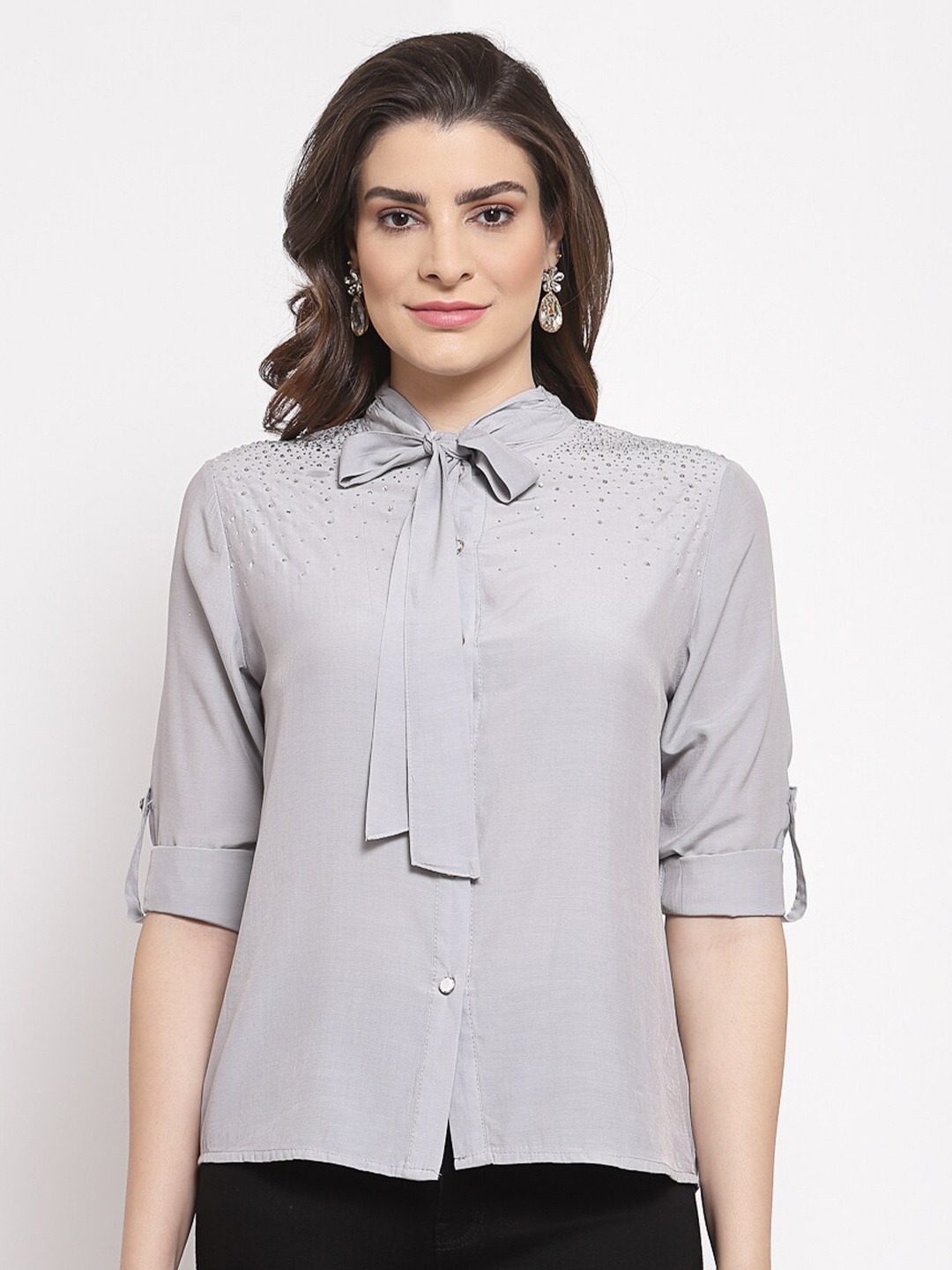 

Mafadeny Women Grey Tie-Up Neck Roll-Up Sleeves Regular Top