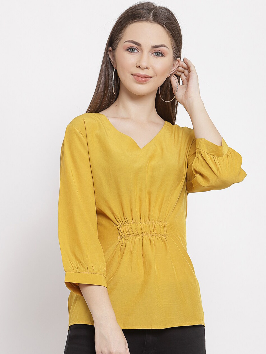 

Mafadeny Mustard Yellow Cinched Waist Top
