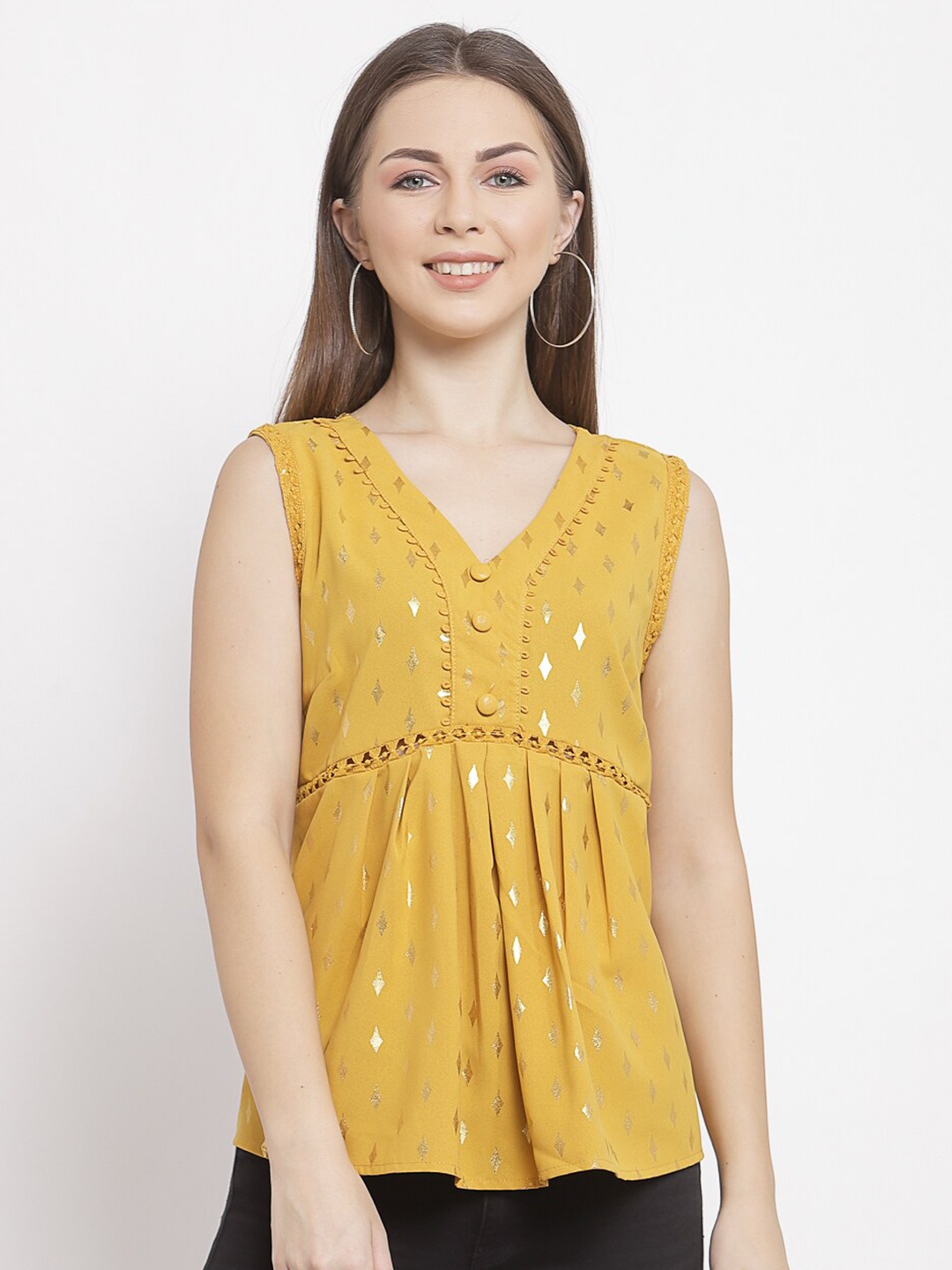 

Mafadeny Mustard Yellow Geometric Empire Top