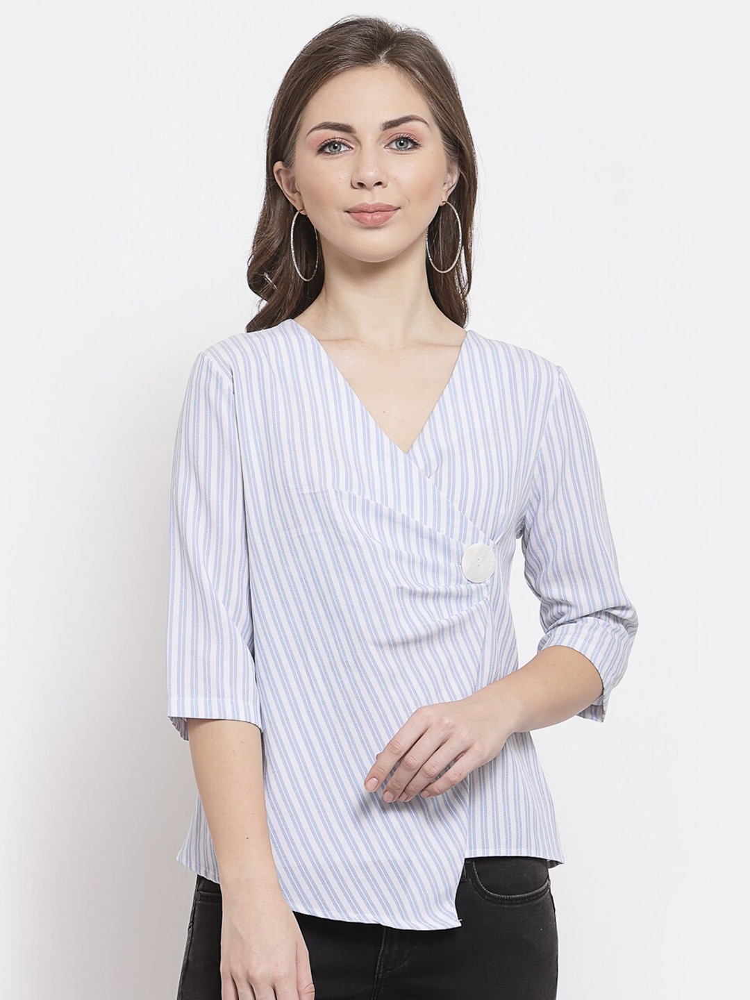 

Mafadeny Blue Striped Wrap Top