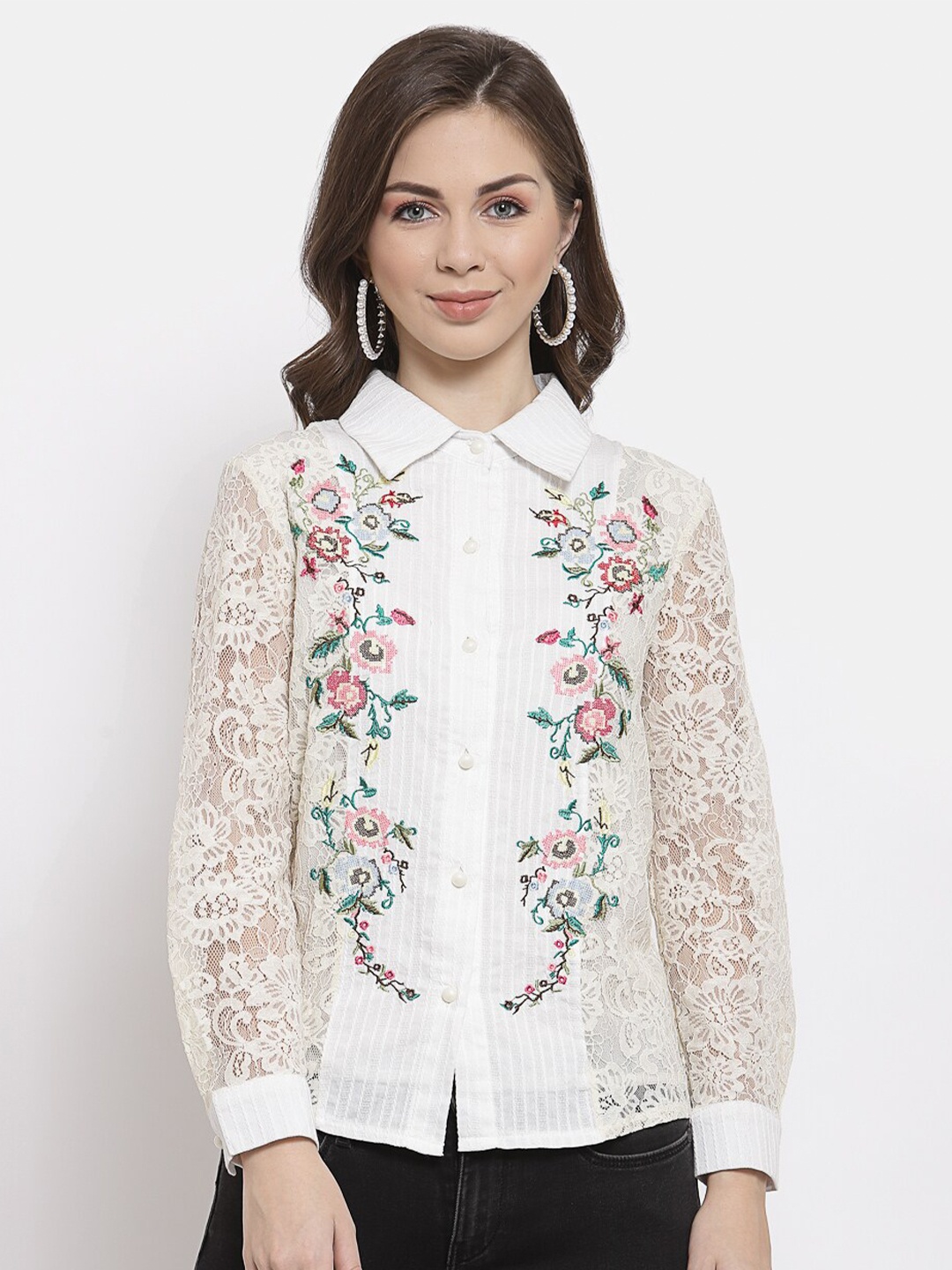 

Mafadeny Cream-Coloured Floral Shirt Style Top