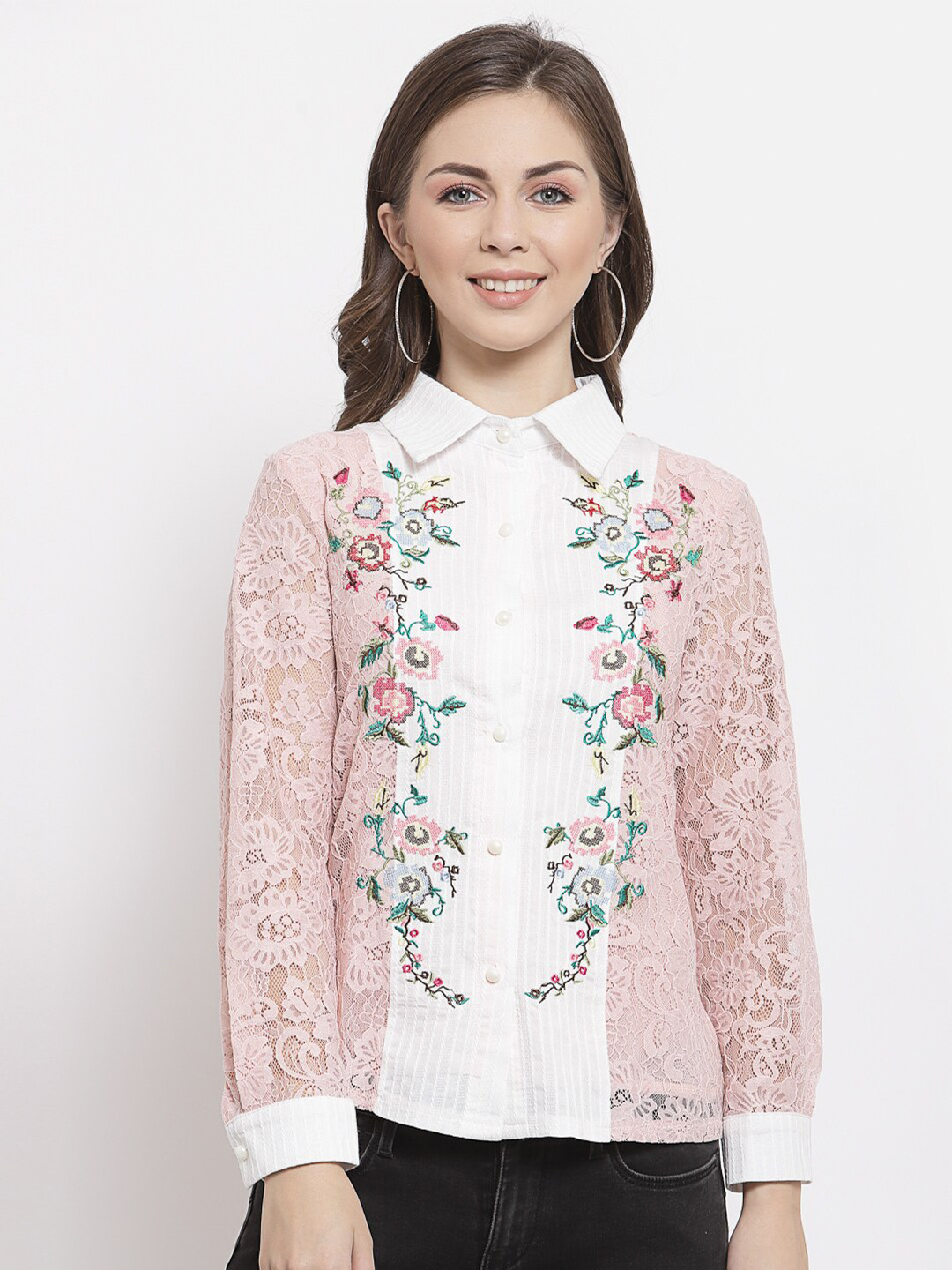 

Mafadeny Women Peach-Coloured Floral Shirt Style Top