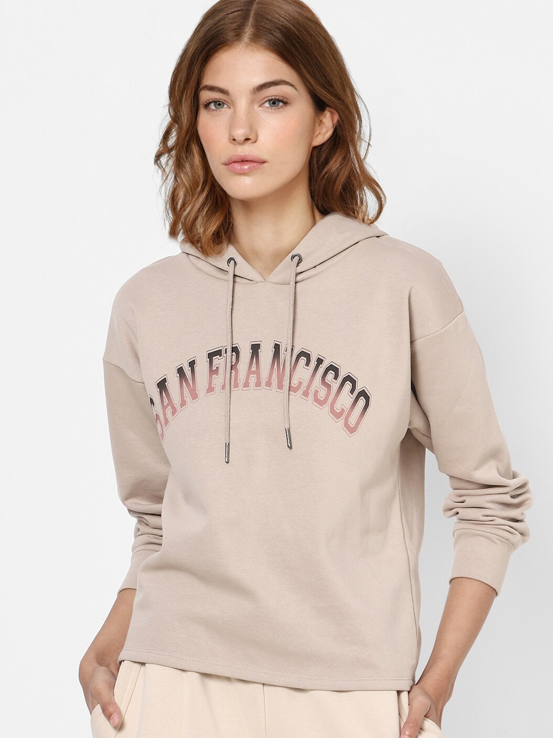 

ONLY Women Beige Printed Hooded Cotton Sweatshirt