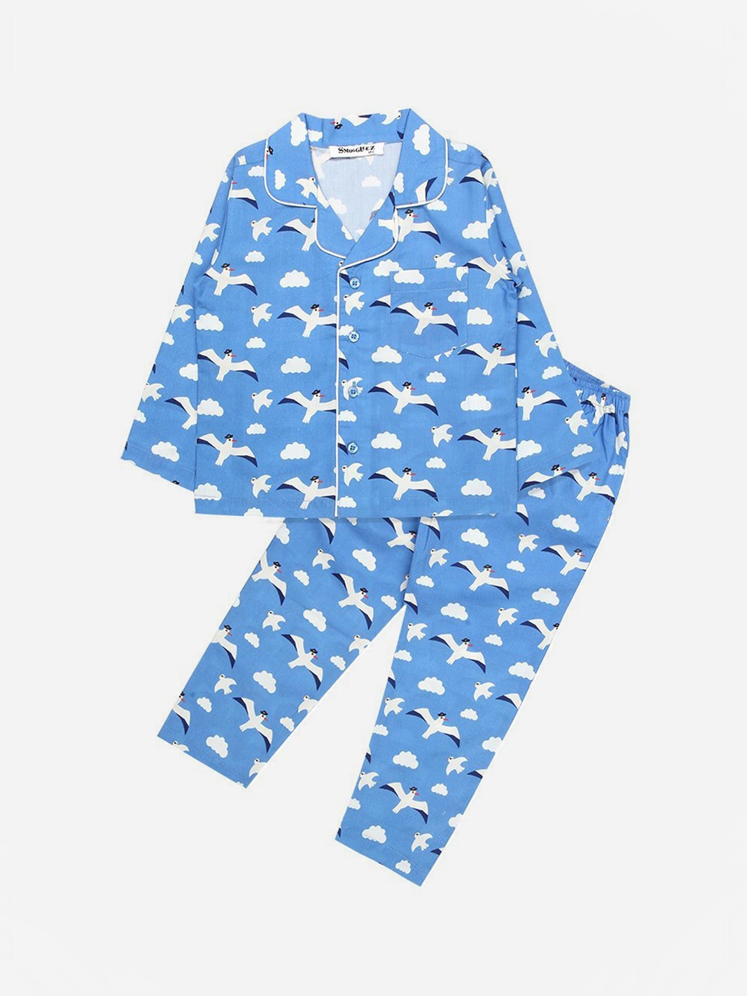 

SMUGGLERZ INC Girls Blue & White Printed Pure Cotton Night suit