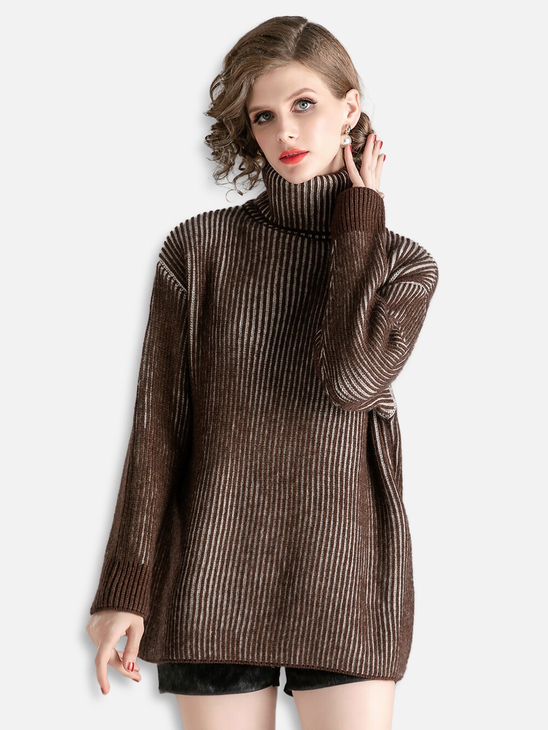 

JC Collection Women Coffee Brown & White Striped Sweater Vest