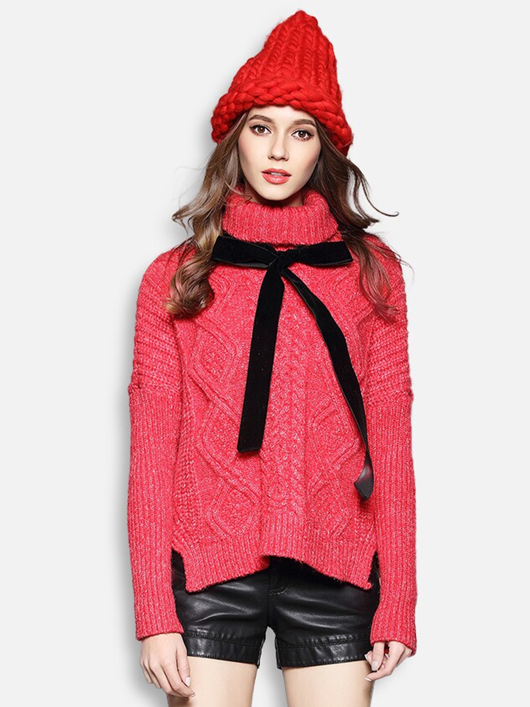 

JC Collection Women Red & Black Cable Knit Longline Pullover