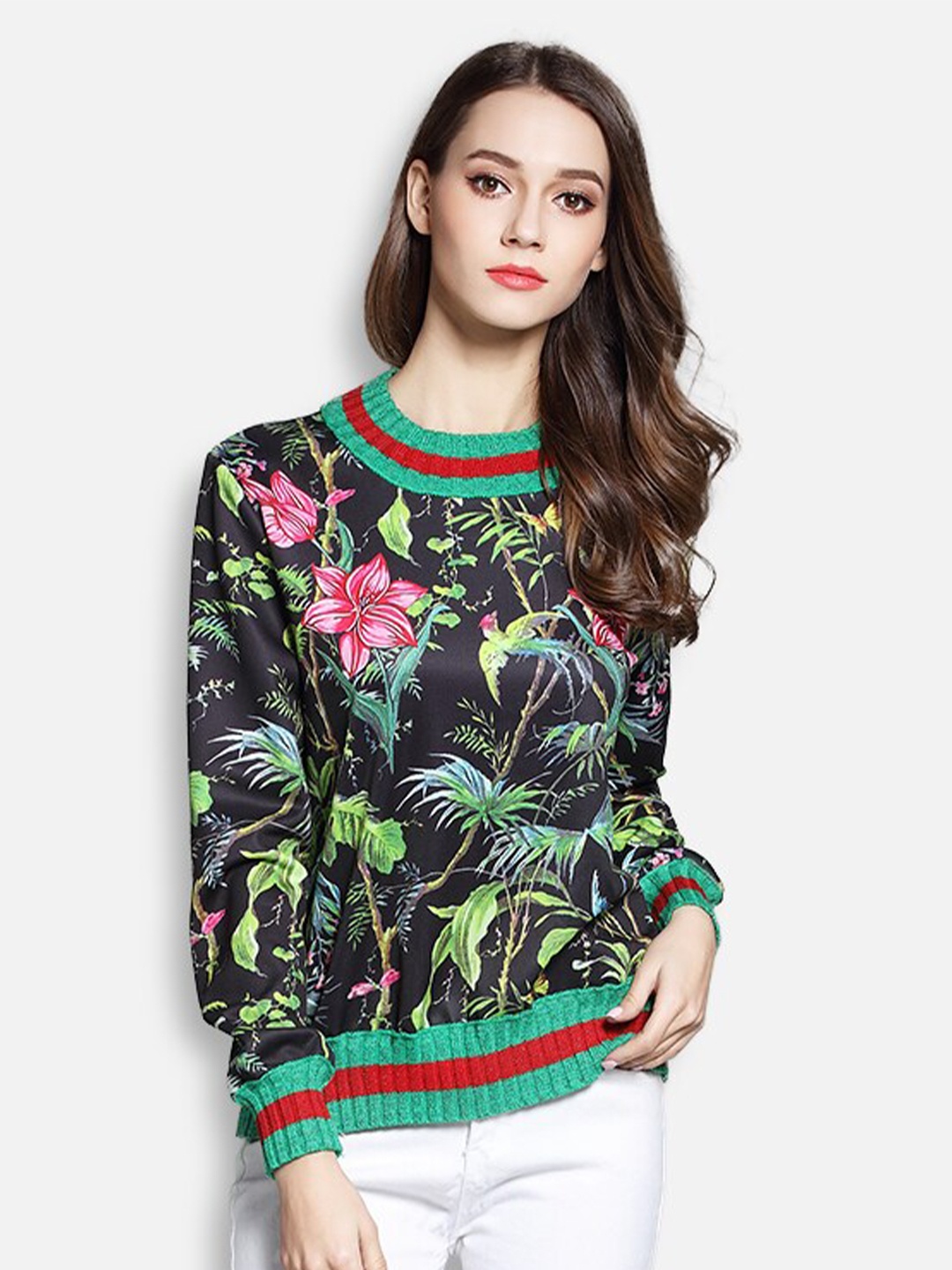 

JC Collection Women Black & Green Floral Printed Pullover