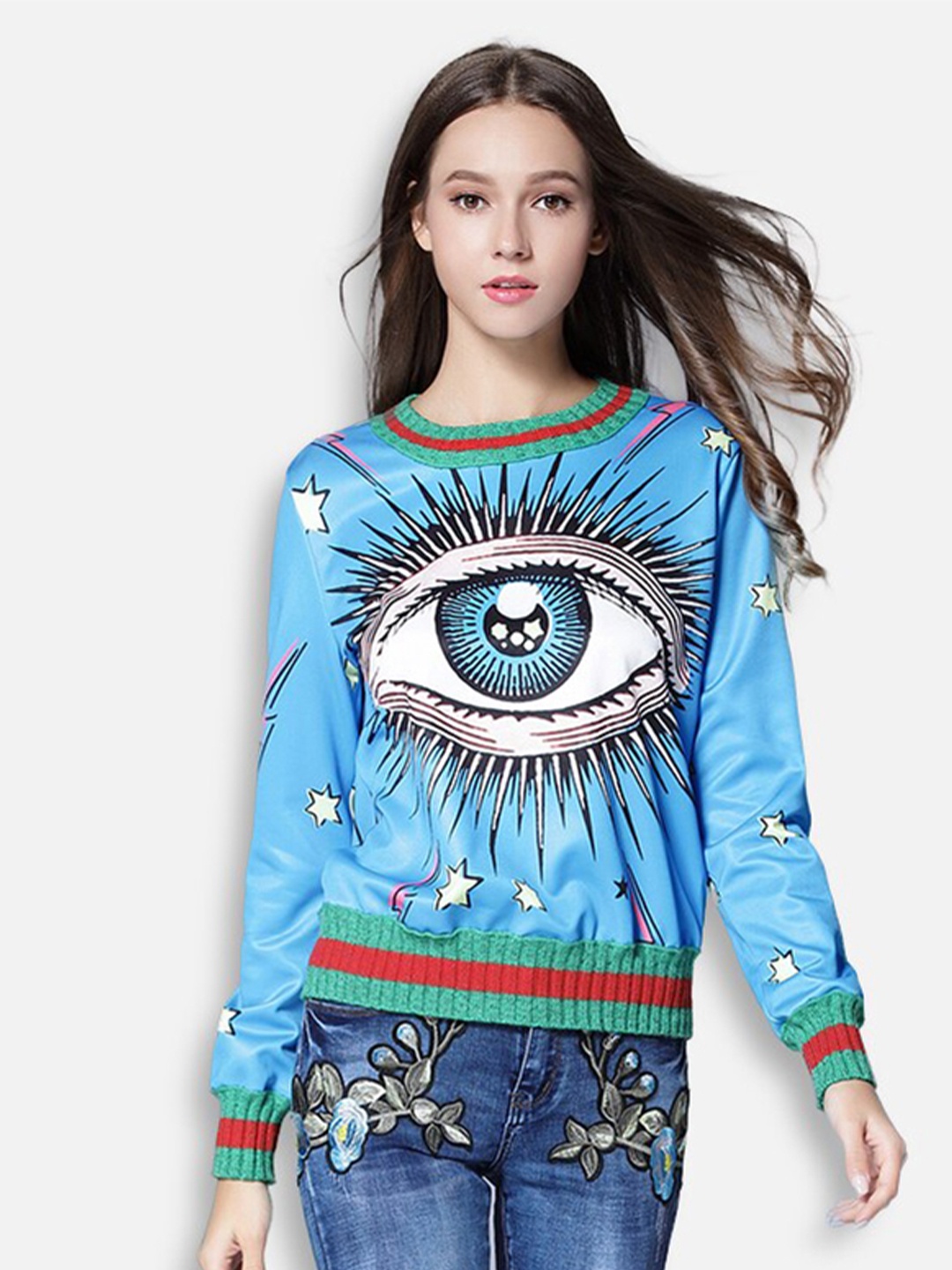 

JC Collection Women Blue & White Printed Pullover