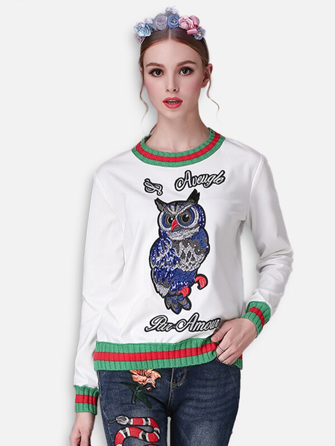 

JC Collection Women White & Blue Printed Pullover