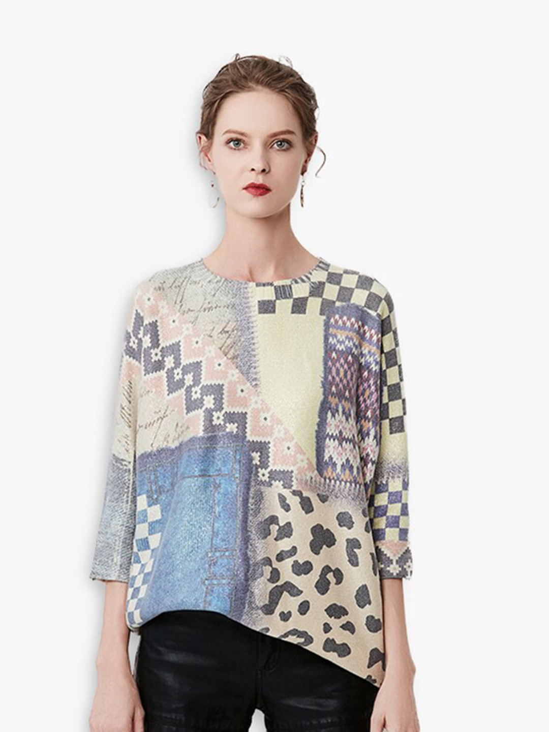 

JC Collection Women Blue & Beige Printed Pullover