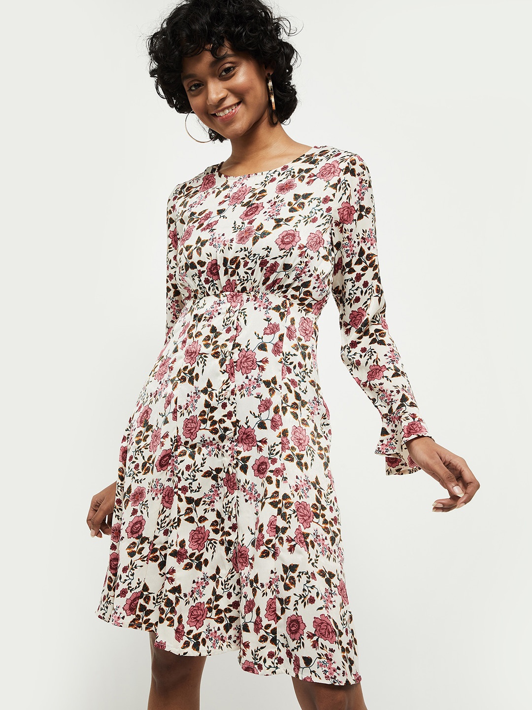 

max Women White & Pearl Floral Printed A-Line Dress