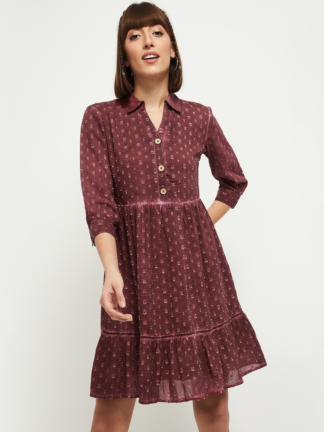 

max Women Maroon & White Woven Design T-shirt Dress