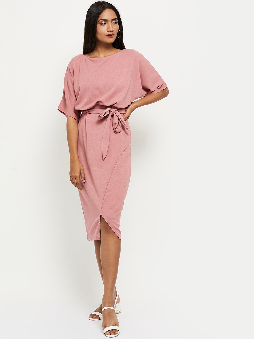 

max Peach-Coloured Solid Sheath Dress With Tie-Ups Detailing