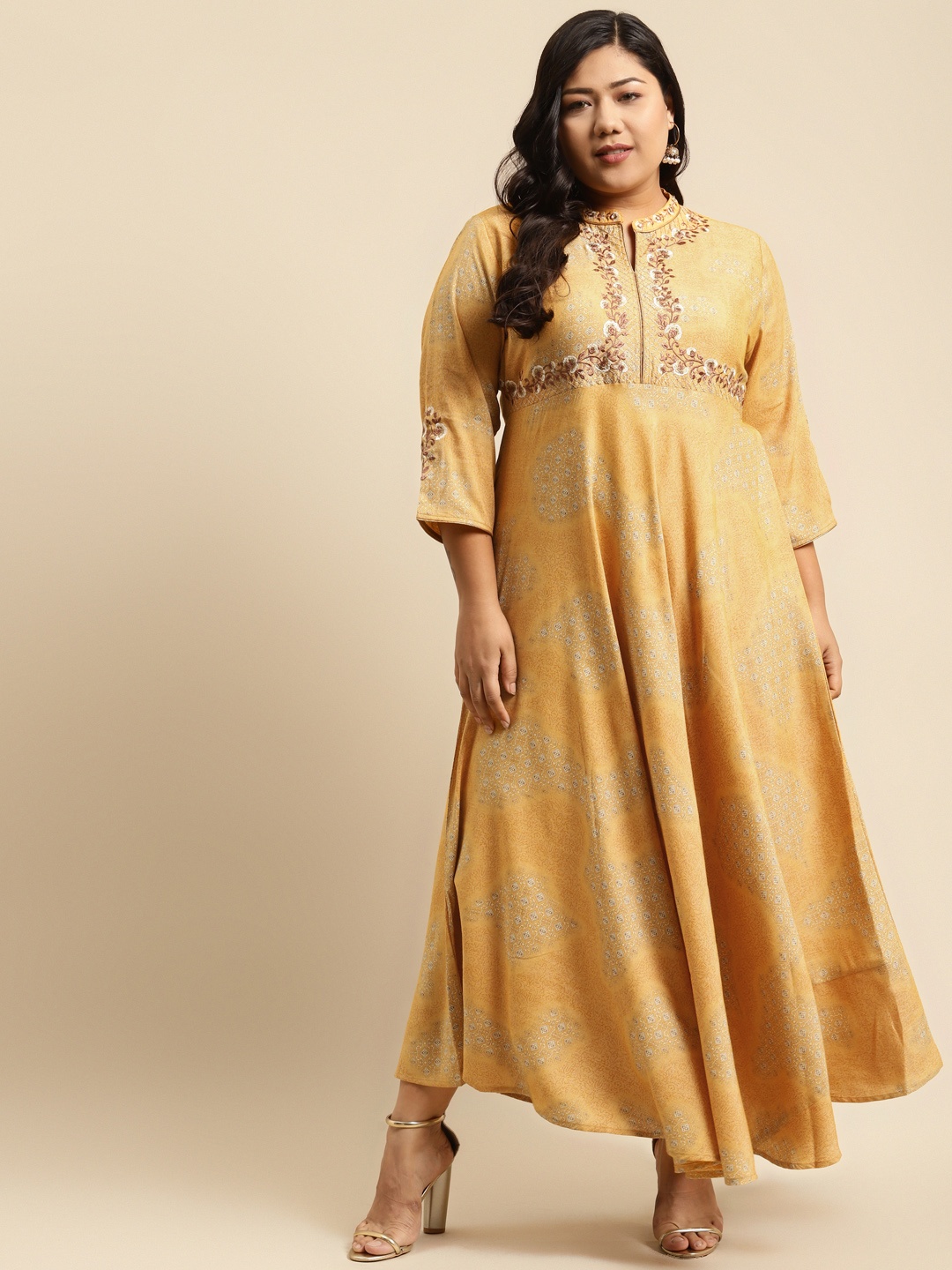 

RANGMAYEE Yellow & Beige Floral Embroidered Liva Ethnic Maxi Dress
