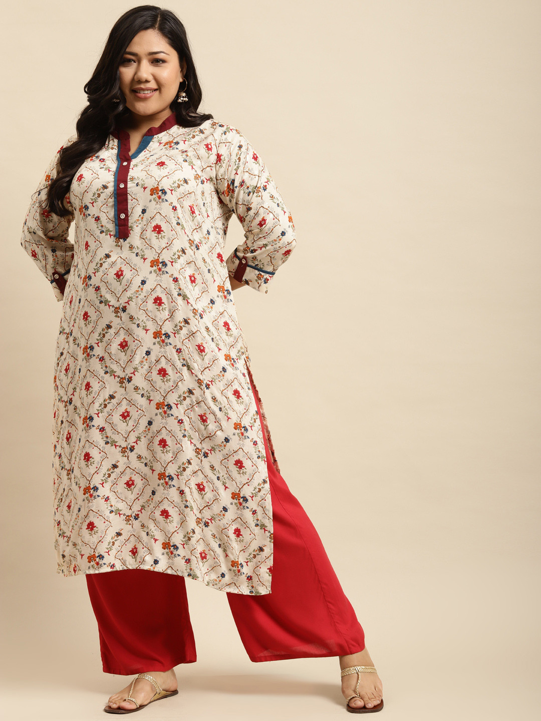 

RANGMAYEE Women Off White & Red Floral Printed Floral Liva Kurta