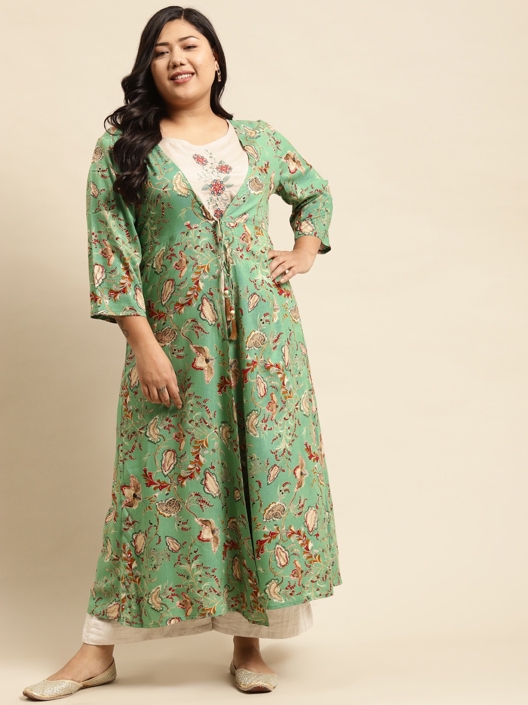 

RANGMAYEE Plus Size Women Green Floral Embroidered Thread Work Floral Liva Anarkali Kurta