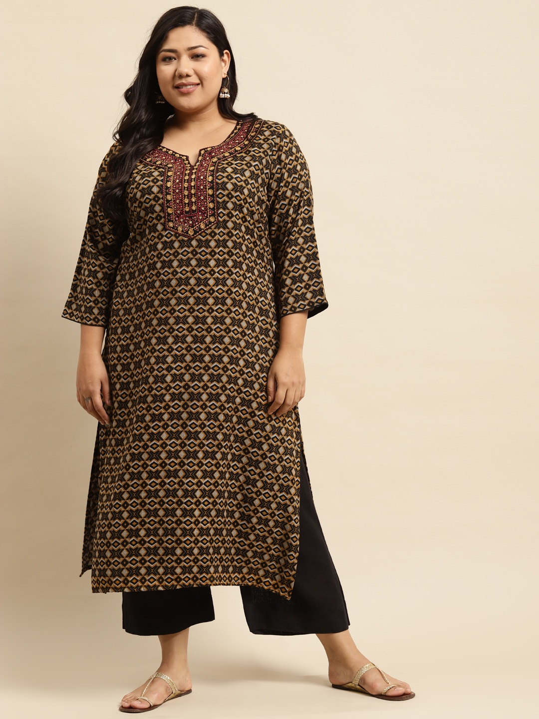 

RANGMAYEE Women Yellow & Black Geometric Printed Liva Kurta