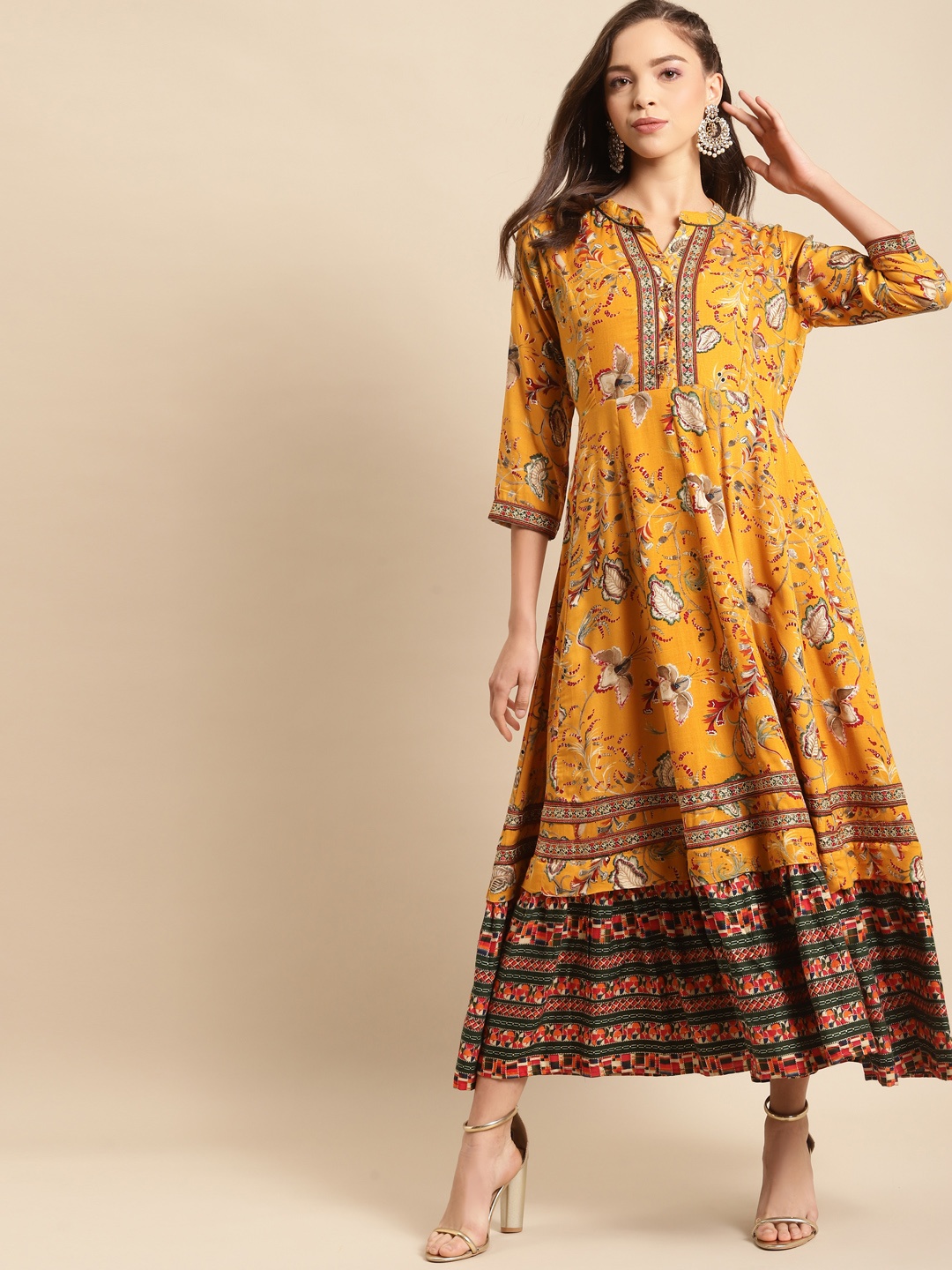 

RANGMAYEE Yellow & Green Floral Liva Ethnic Maxi Dress