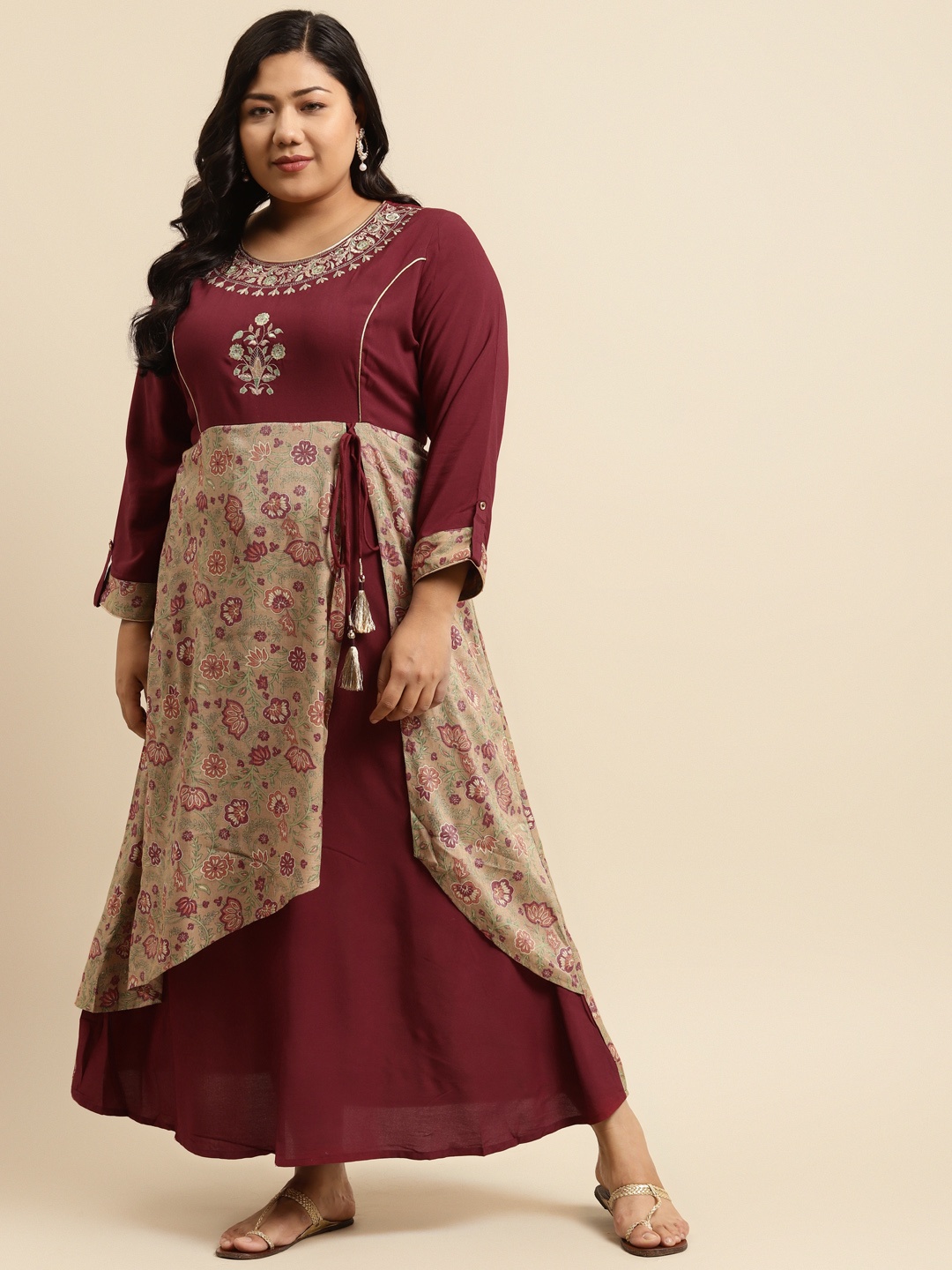 

RANGMAYEE Maroon & Beige Floral Embroidered Liva Ethnic Maxi Dress