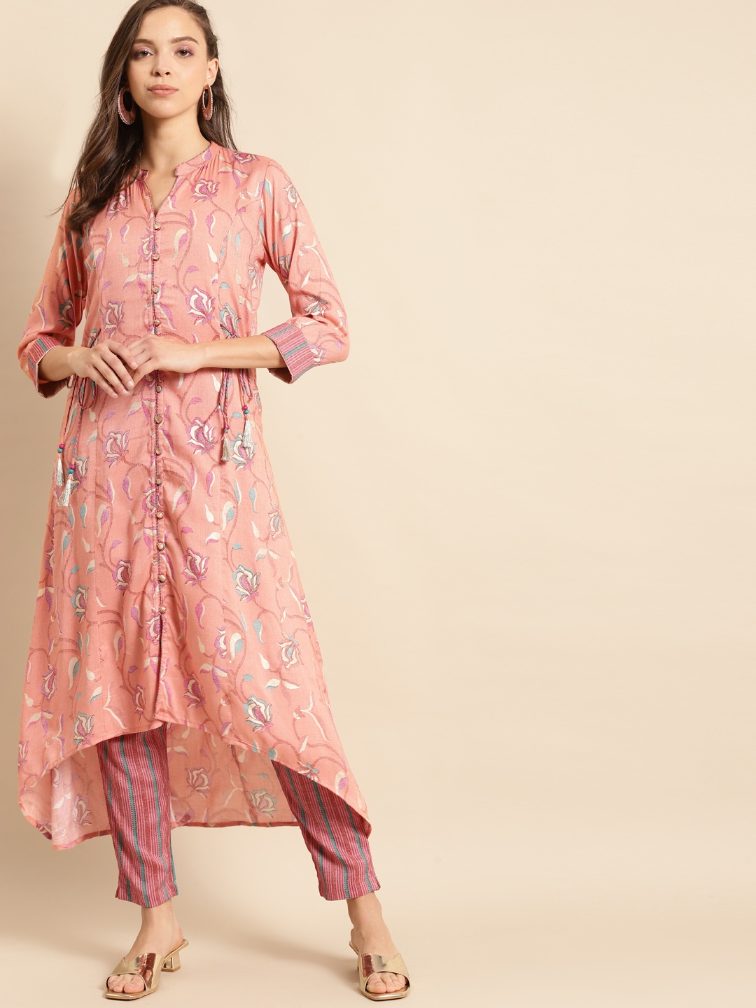 

RANGMAYEE Women Pink Floral Printed Regular Liva Kurta with Trousers